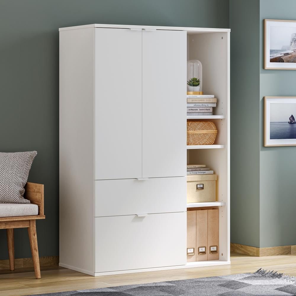 Wakefit Engineered Wood Cabinet | 1 Year Warranty | Storage Cabinet for Home Kitchen Living Room | 1 Closed Compartment, 2 Drawers & 4 Open Shelves | Pattens - Frosty White