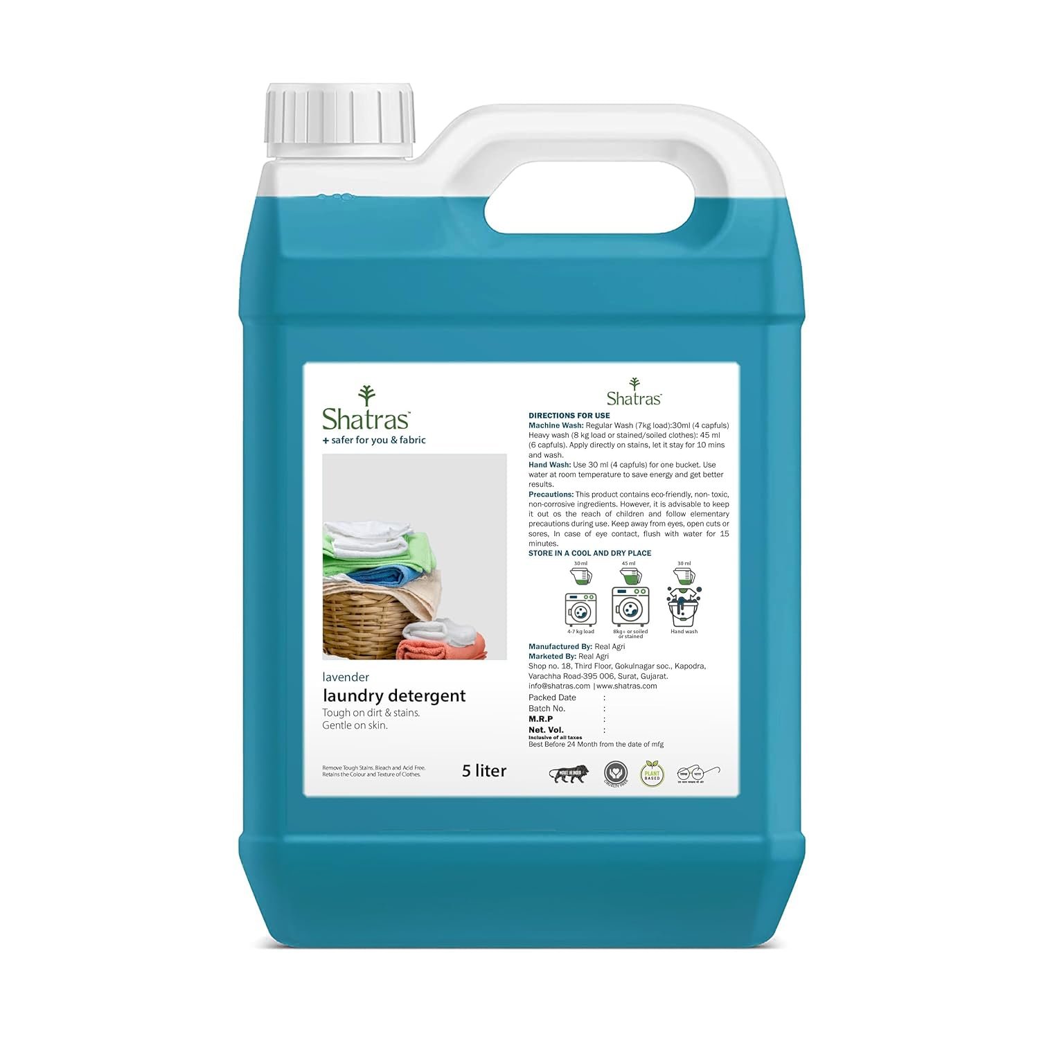 Shatras Liquid Detergent, Suitable for top load & front load for Machine and Hand Wash, Eco friendly, Natural liquid for all type of clothes(5L)