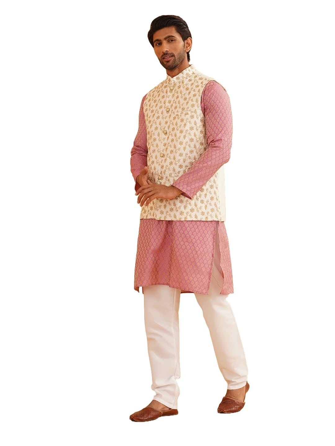 SOJANYA (Since 1958 Men's Silk Blend Self Design Pink Kurta With Pyjama & Nehru Jacket