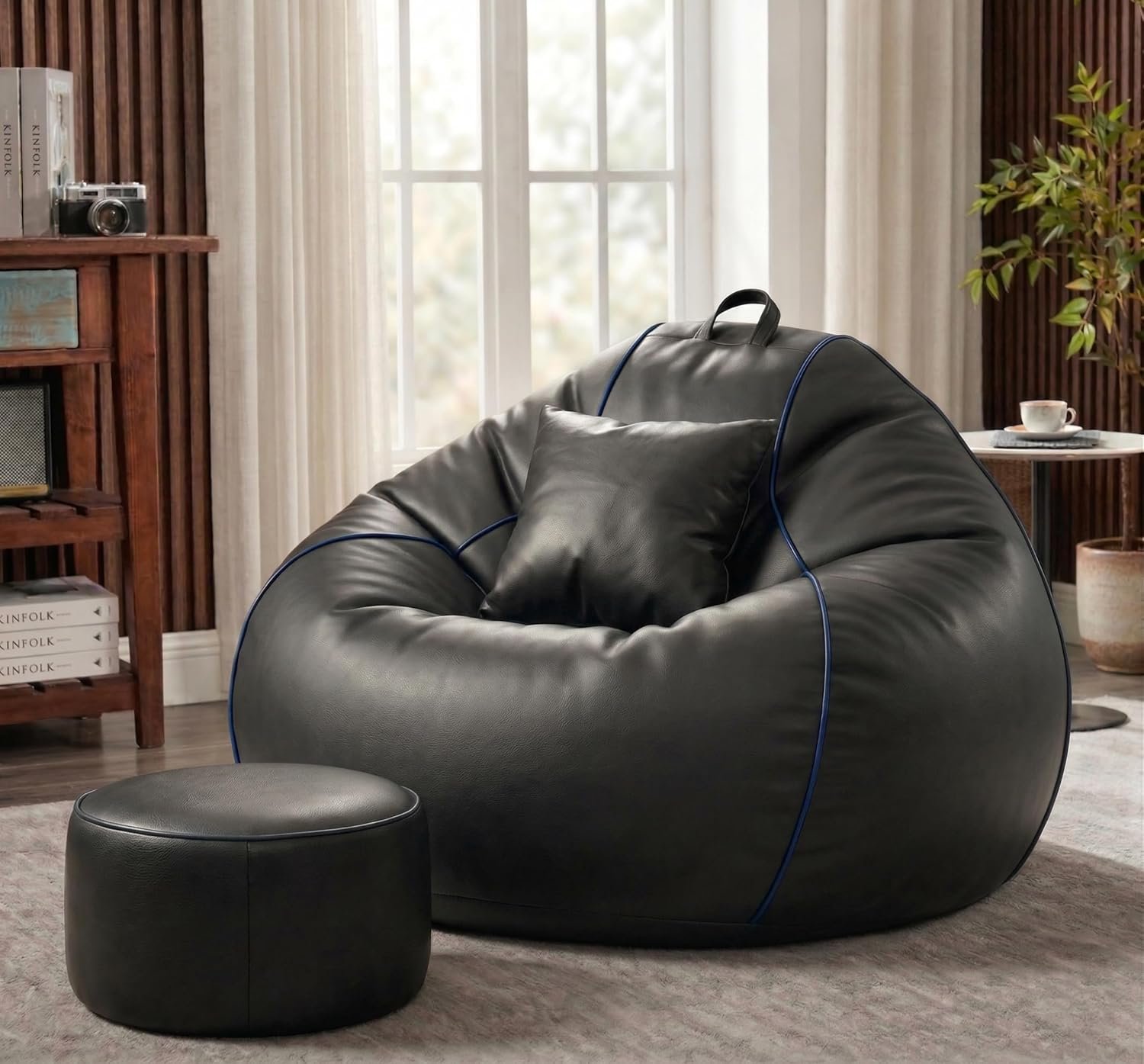 Sattva Piping 3XL Sofa Style Bean Bag Chair with Beans Filled | Faux Leather Bin Bags Sofa Combo with Footstool & Cushion | Large Beanbags for Adults, Teens & Home - Black with Royal Blue Pipi