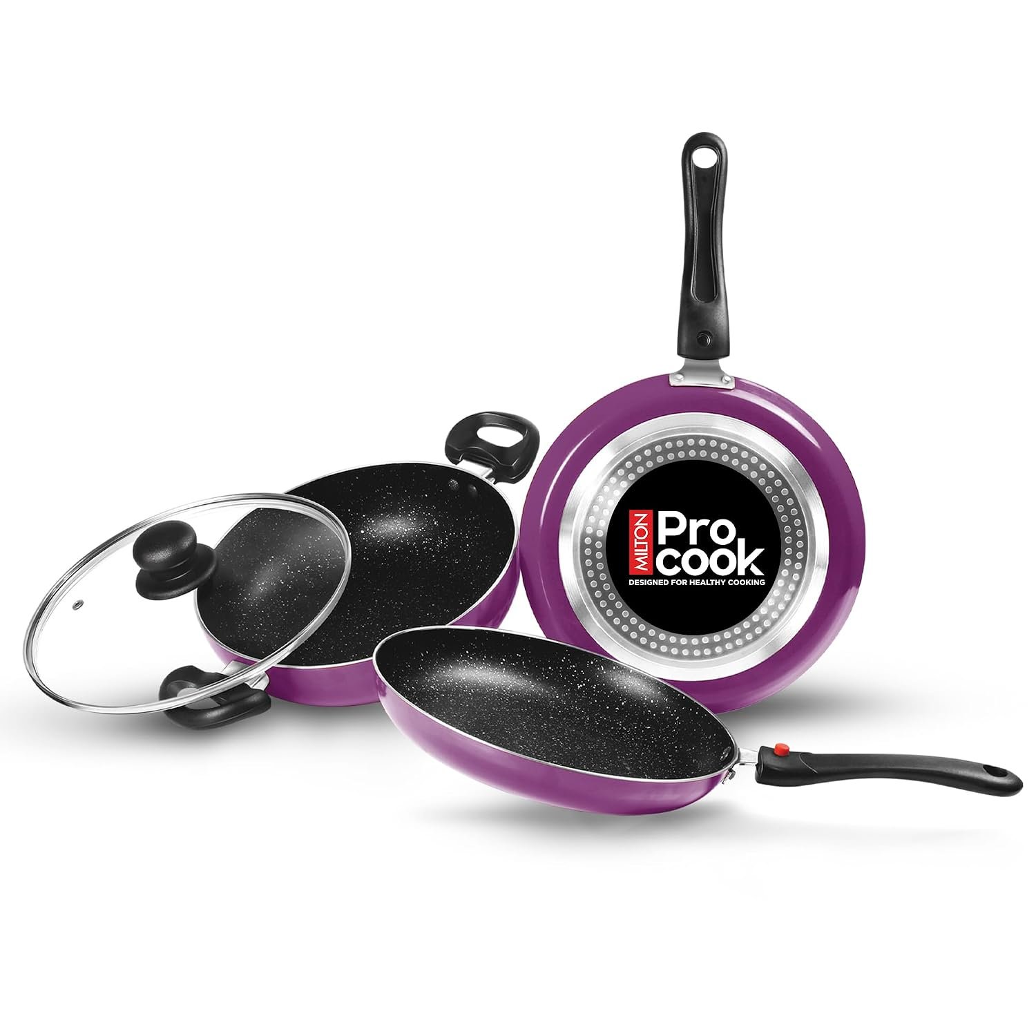 Milton Pro Cook Induction Cookware & Gas Stove Friendly Kitchen Jewel Set | 3 Pc Non-Stick Cookware Set | Kadhai with Lid, Fry Pan, Tawa | Durable 5-Layer Non Stick Coating | Dark Purple