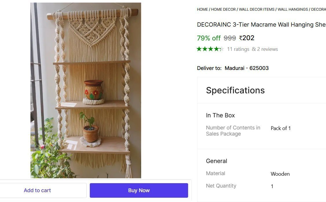 DECORAINC 3-Tier Macrame Wall Hanging Shelf | Handmade Cotton Rope & Wooden Shelf Price in India - Buy DECORAINC 3-Tier Macrame Wall Hanging Shelf | Handmade Cotton Rope & Wooden Shelf online 