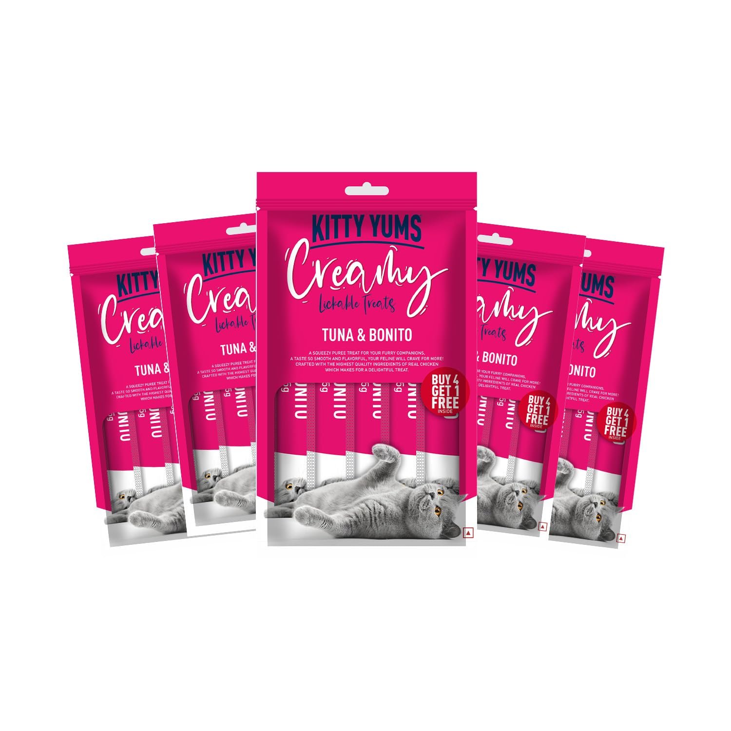 Kitty Yums Kitten & Adult Creamy Lickable Cat Treat (75g x 5 Pouches) Total 375g | Tuna & Bonito Flavour | Creates a Better Bond | Antioxidants Boost Immunity | Better Brain & Eyesight Dev