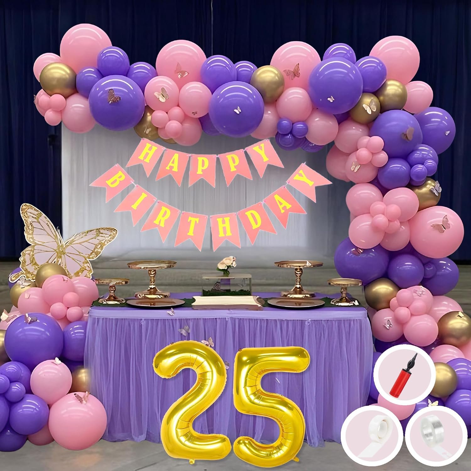 25th Birthday Decoration Items for Pink and Purple Theme Combination for Girls Princes | 50 Pcs Pink Purple Gold Balloon | Pink Birthday Banner | Balloon Pump | Arch Tape | Glue Dots