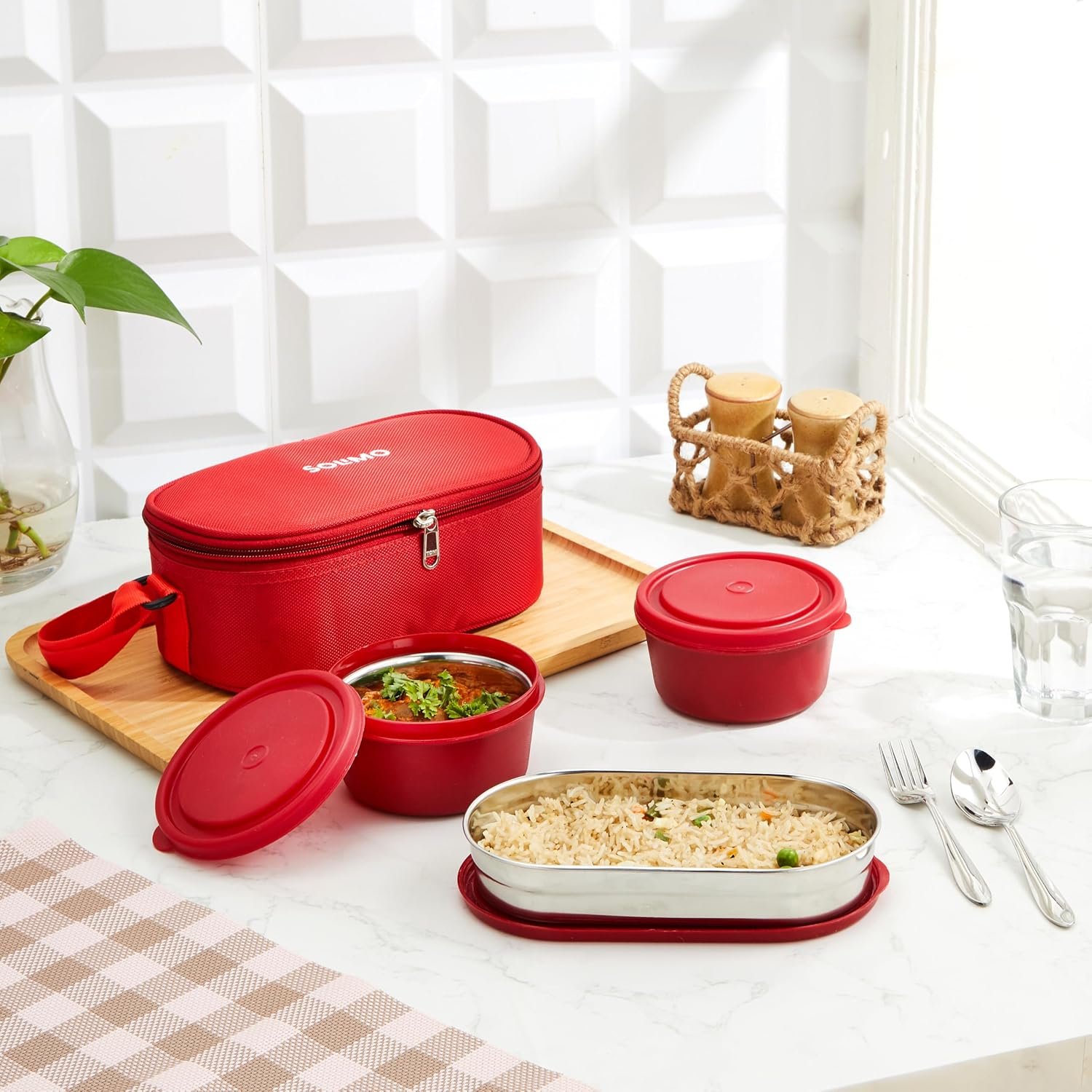 Amazon Brand - Solimo Lunch Box Set with Bag (Office, School & Travel) | 2 Round (400ml Each) & 1 Oval 600ml Steel Inner Containers with Cutlery | Microwave Safe | Leakproof - Red