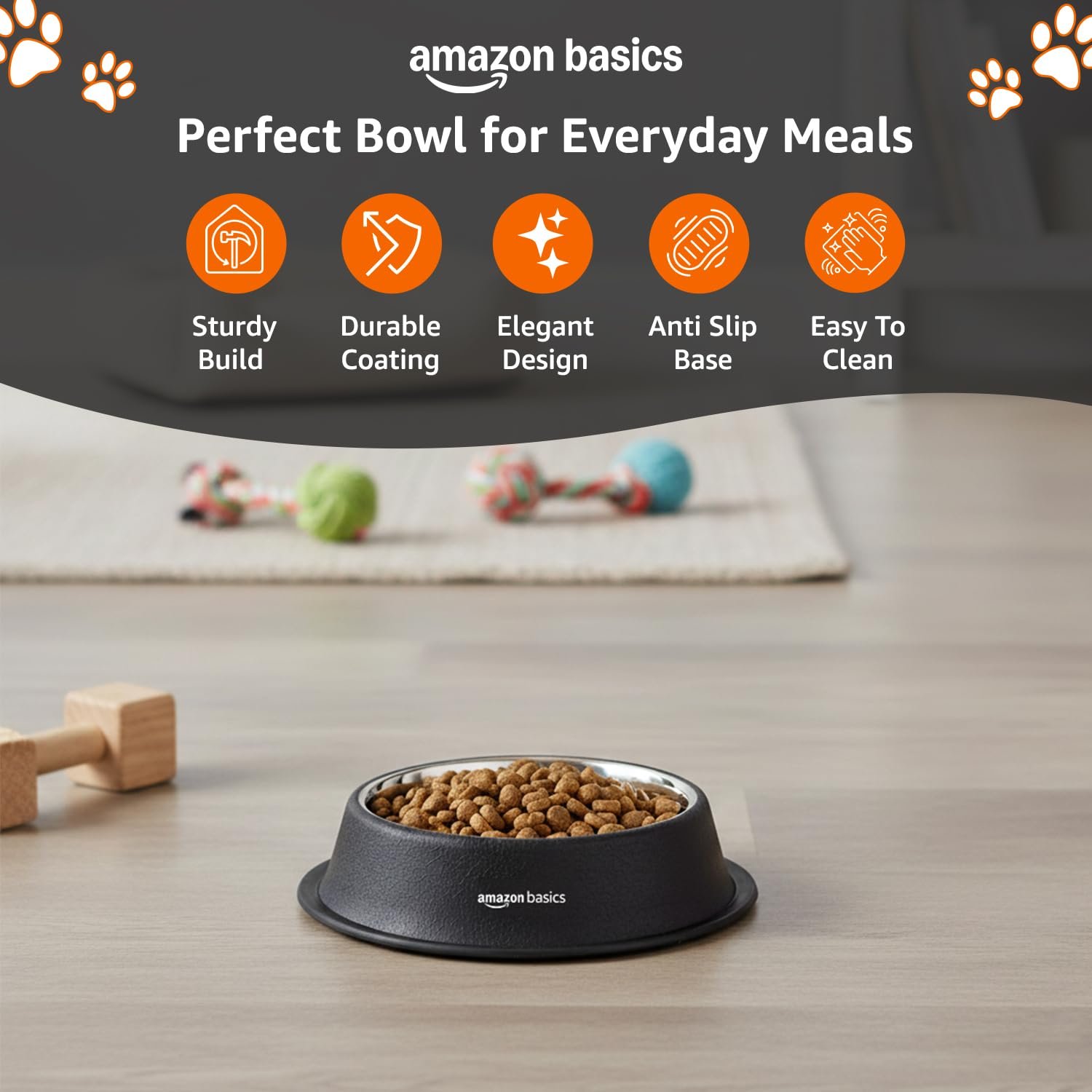 Amazon Basics Stainless Steel Pet Feeding Bowls for Dog & Cats | Anti Slip Base | 2 Pcs Set | Canister & Pet Bowl in Black Color | Canister 1000 ml & Bowl 700 ml