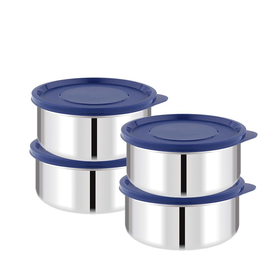 ATTRO Prime Stainless Steel Single Wall Storage Containers Airtight & Leak Proof Containers for Office Use, School, Picnic, 400ml -Blue-Set Of 4