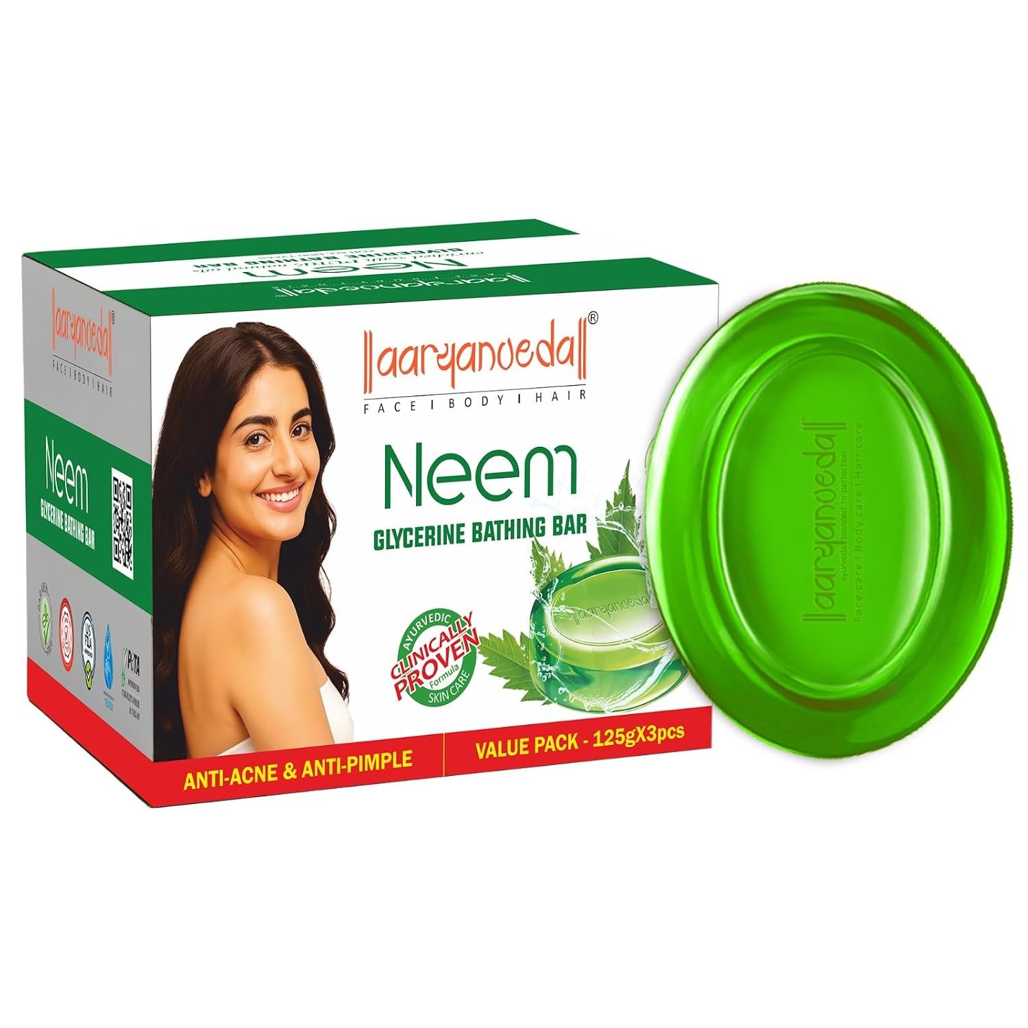 Aryanveda Neem Bathing Soap Bar 125g (Pack of 3) | For Glowing, Soft & Nourished Skin | Unisex Body Soap - For Men & Women