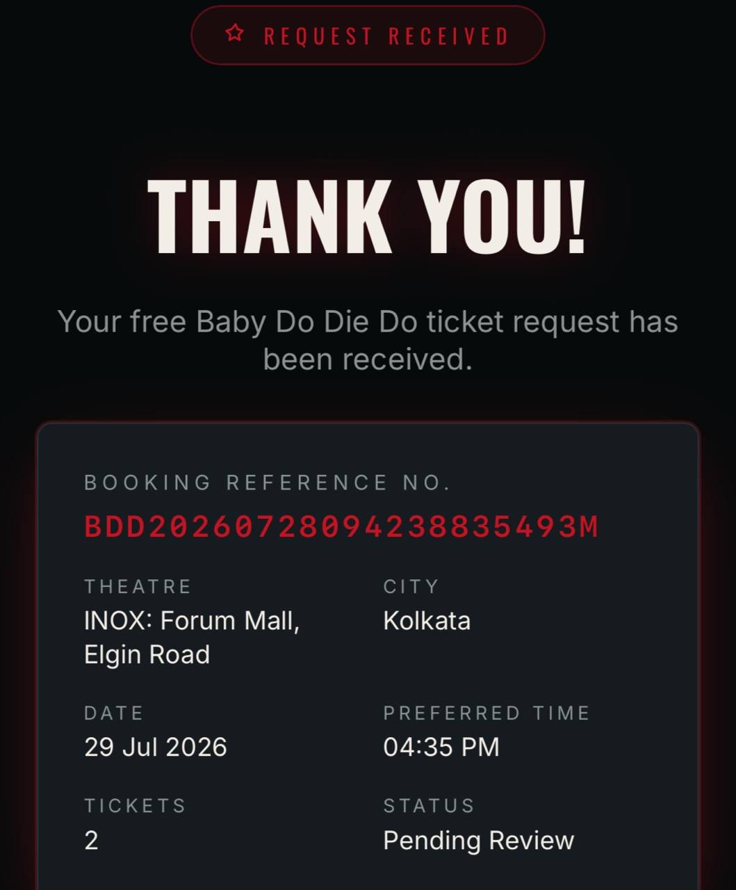 Redeem your Free Baby Do Die Do tickets - CineRewardz