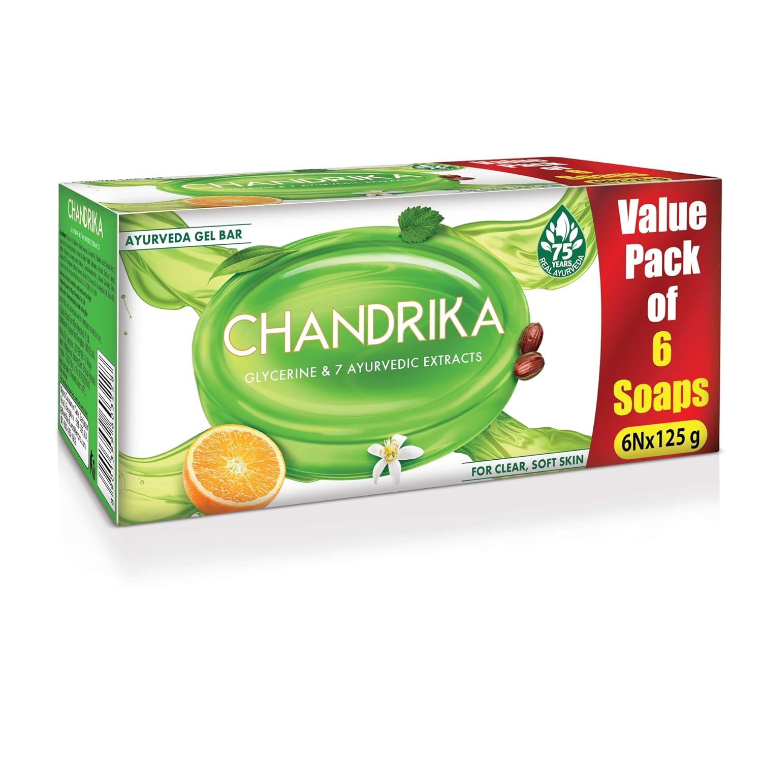 Chandrika Glycerine Ayurveda Gel Bar| Glycerine Bath Soap with Jojoba Oil for Moisturized Skin| For All Skin Types| 125g (Pack of 6)