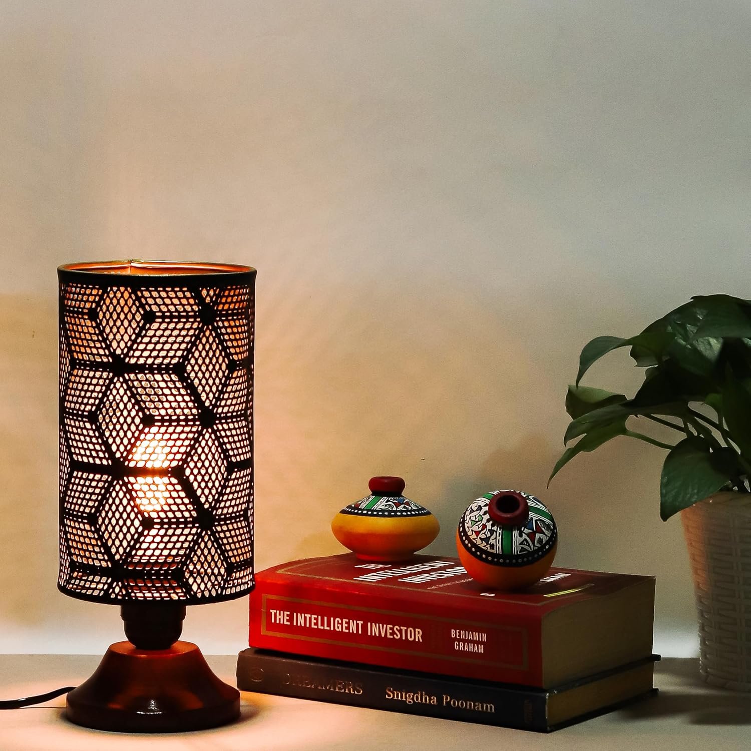 Lexton Moroccan Style Hand-Etched Iron Made Bedside Table lamp | Black Metal Round Frame, E27 Bulb Holder, Wooden Stand, Corded | Suitable for Home Decoration Office (Pack of 1, Bulb Not Included)