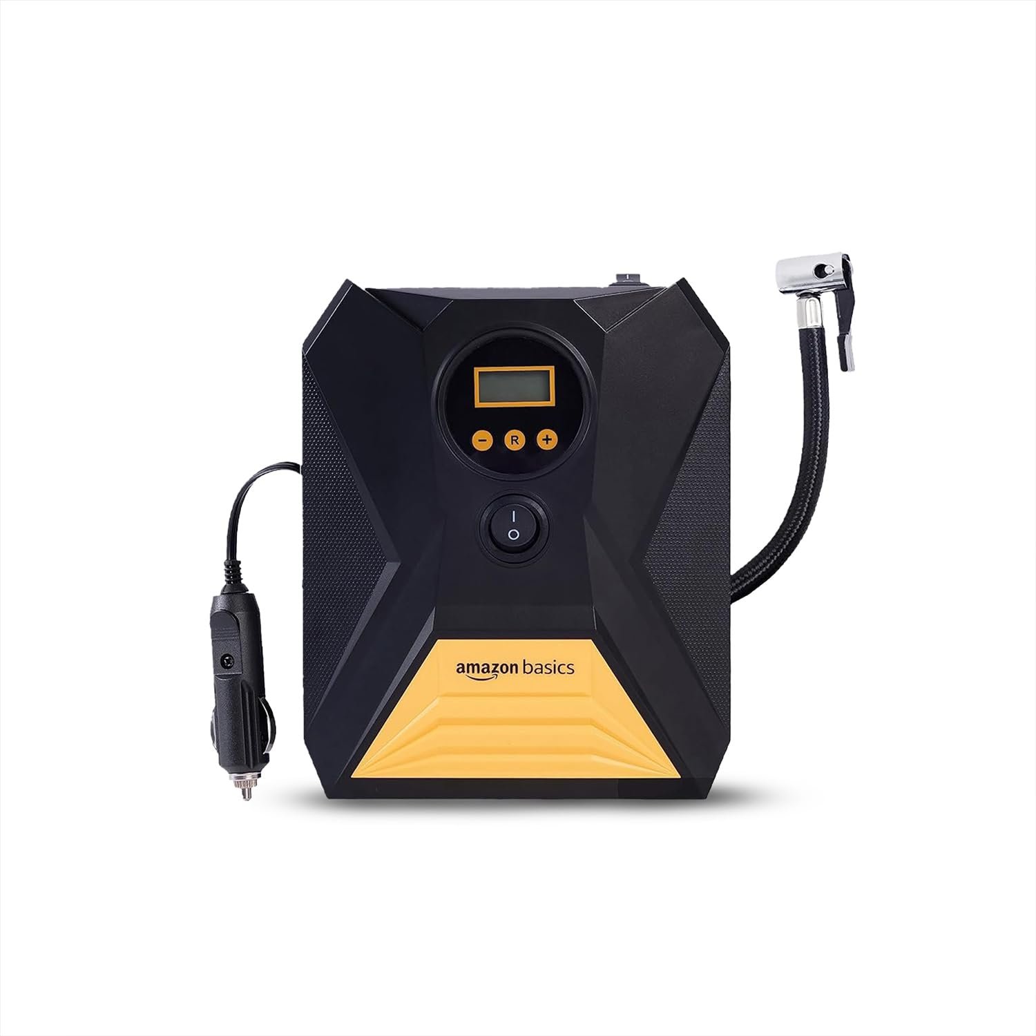 Amazon Basics Portable DC Digital Tyre Inflator for Cars & Bikes| 12V DC | 150 PSI Air Pump with Digital Pressure Gauge, Auto Shut Off and Emergency LED Light | 3M Cable Length, 3 Nozzles, Extra F