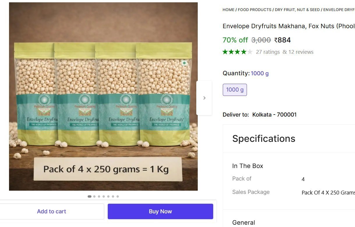 Envelope Dryfruits Makhana, Fox Nuts (Phool Makhana), 1 Kg |Small Medium Size| Grocery|Nuts|Staples Fox Nut Price in India - Buy Envelope Dryfruits Makhana, Fox Nuts (Phool Makhana), 1 Kg |Small Mediu