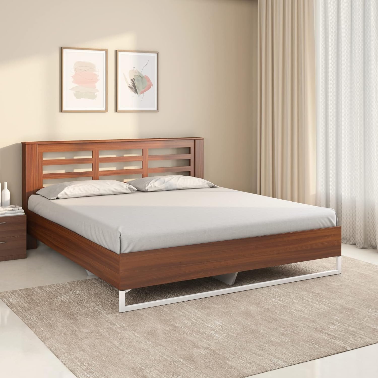 Nilkamal Maple Meta Without Storage | 1 Year Warranty Engineered Wood Queen Bed (Finish Color - Walnut, Delivery Condition - Knock Down)