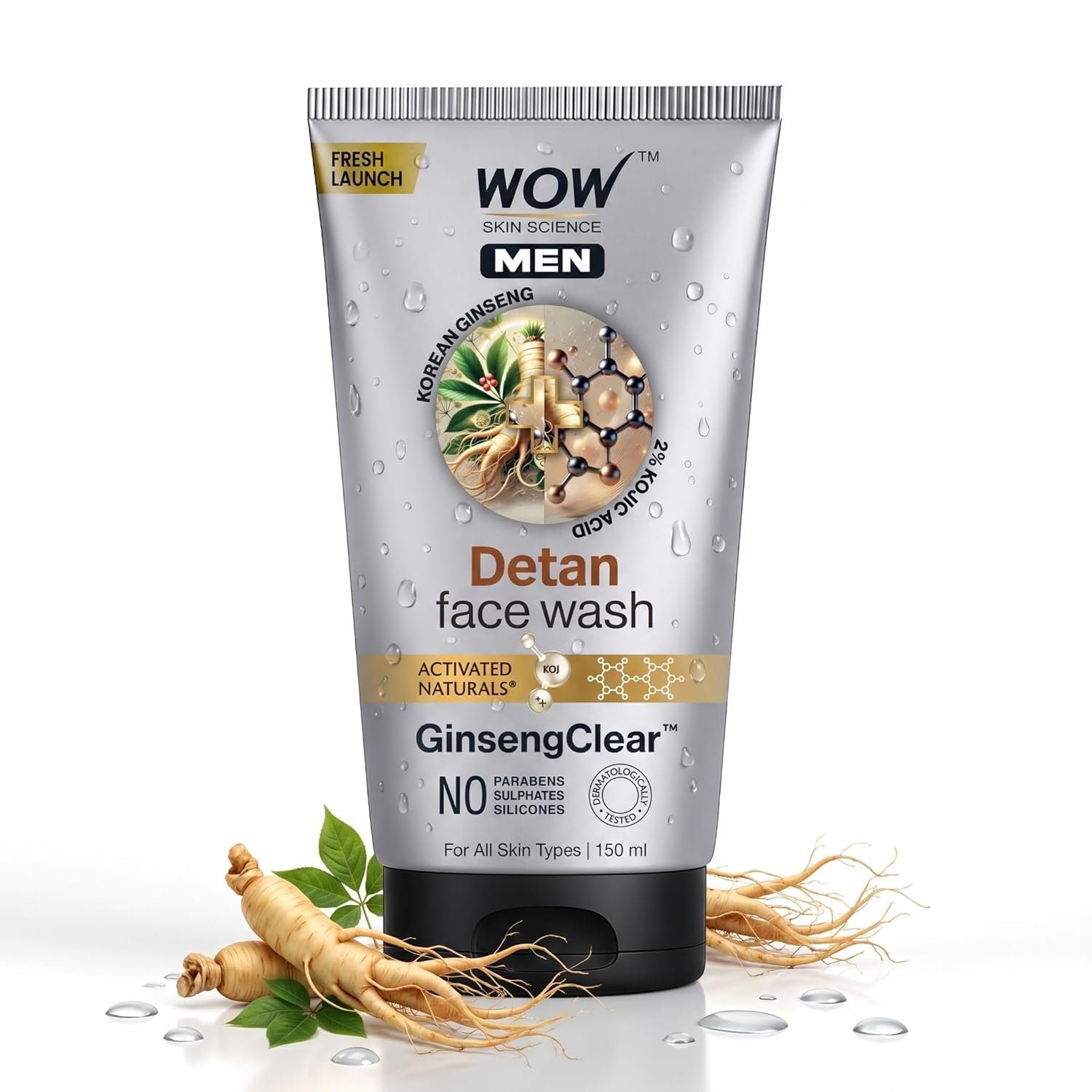 WOW Skin Science Men Detan Face Wash | Face Wash for Oily Skin with Korean Ginseng & Kojic Acid | Helps Remove Tan, Reduce Dark Spots & Brighten Skin | Sulphate‑Free | GinsengClear™ | (150mL)