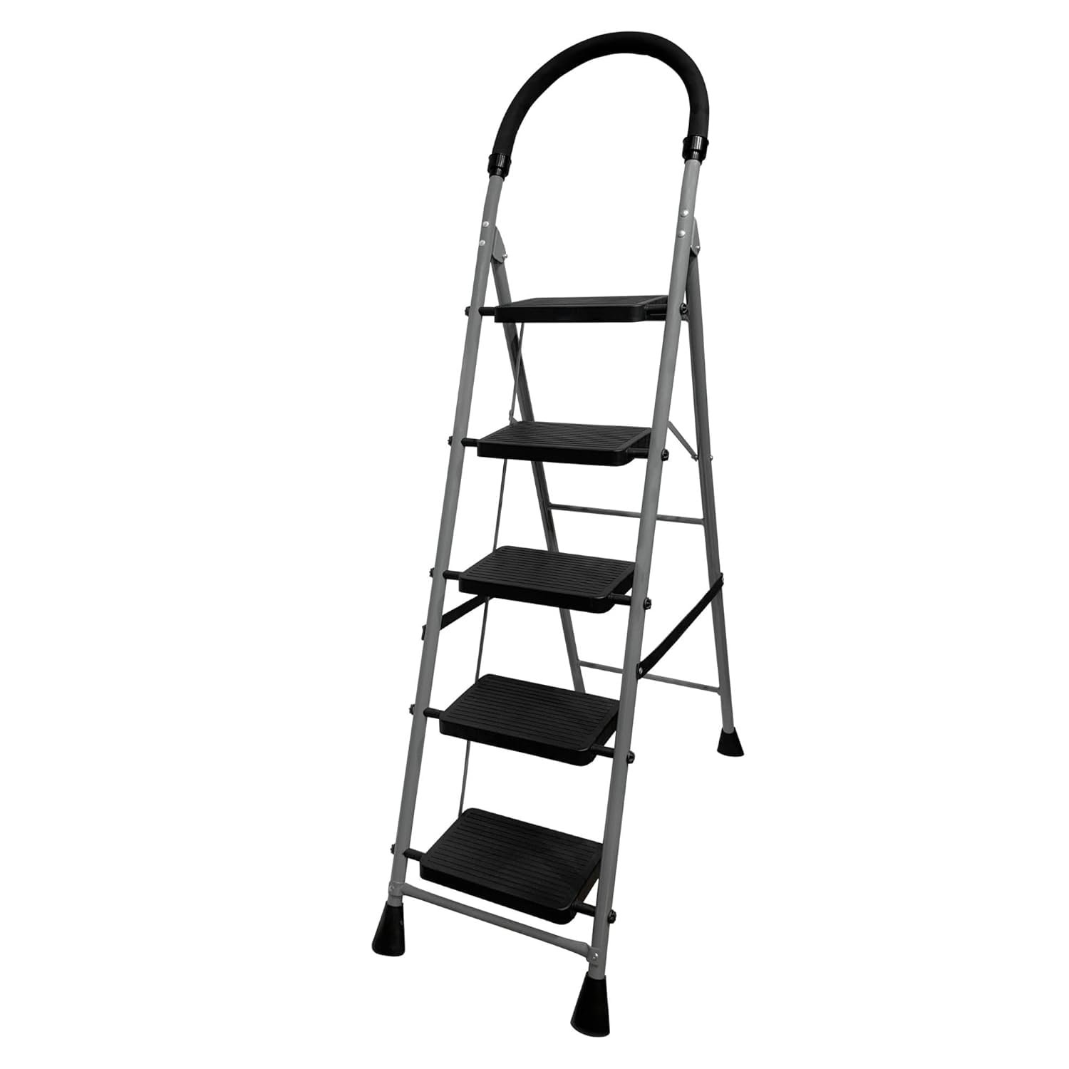FLIPZON Halo Foldable 5 Step Ladder for Home and Office Use | Alloy Steel | Wide Steps | Wobble-Free | Skid-Free Steps | Durable Safety Ladder | Rust Free | Anti-Skid (Grey & Black)