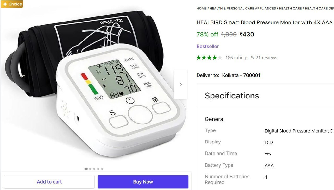 HEALBIRD Smart Blood Pressure Monitor with 4X AAA Battery, Large Cuff Digital Upper Arm BP Machine | Hypertension Machine with Voice Broadcast Bp Monitor Price in India - Buy HEALBIRD Smart Blood Pres