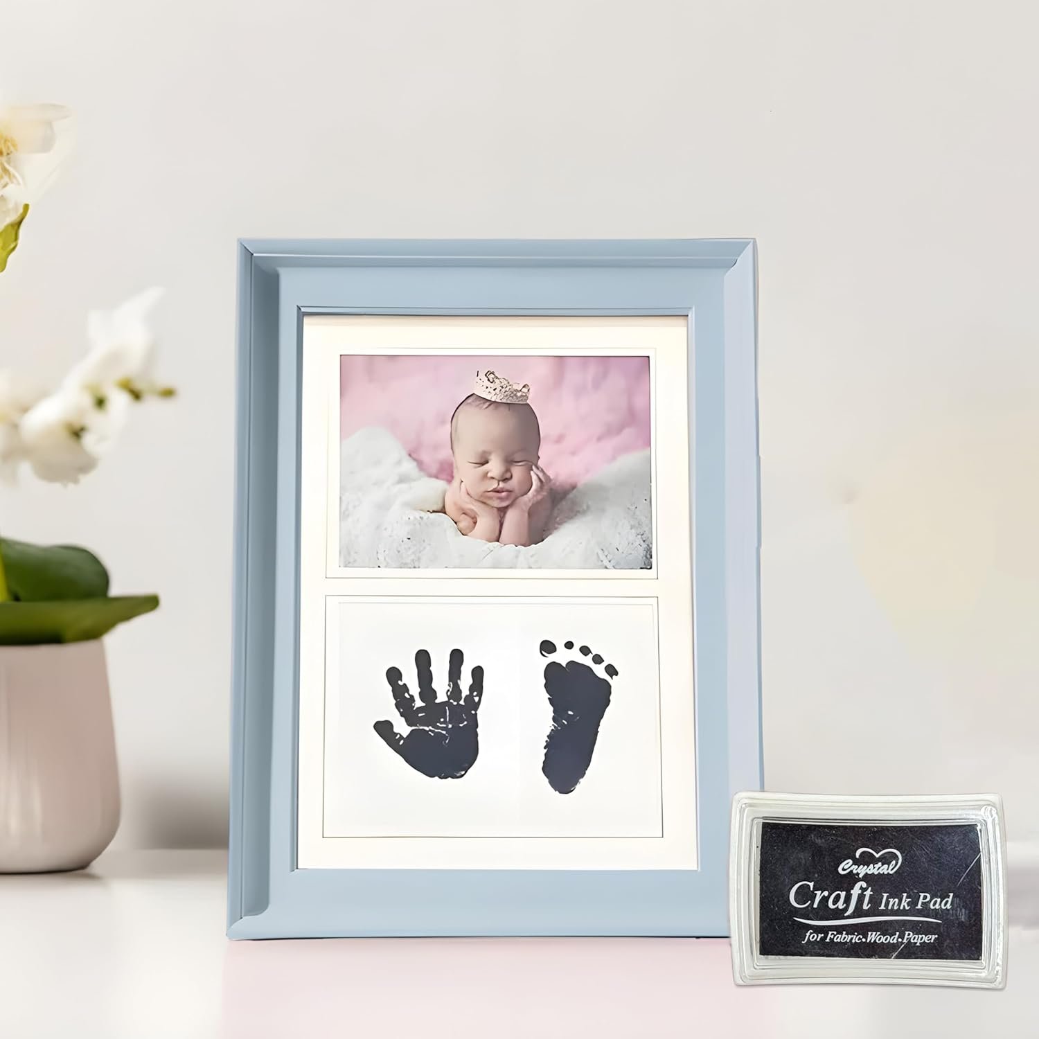 Art Street Newborn Baby Clay Handprint and Footprint Desk Premium Table Photo Frame, Vector Design Home Decoration Frame For Table Top Desk, Birthday, Wedding & Return Gift - Blue (Size:4.5x6.5 In