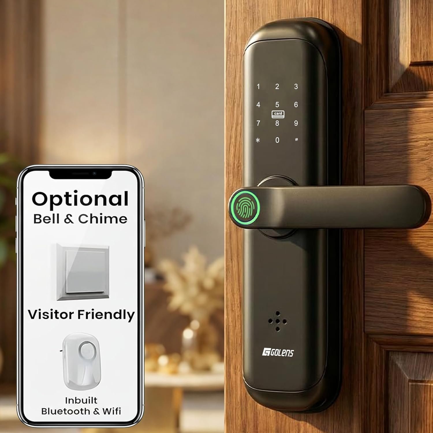 Golens X3 Smart Door Lock | 8-in-1 Biometric Digital Door Lock | Fingerprint, PIN, RFID Card, OTP, WiFi, Bluetooth, App & Mechanical Key | Keyless Smart Lock for Wooden Main Door, Home & Offic