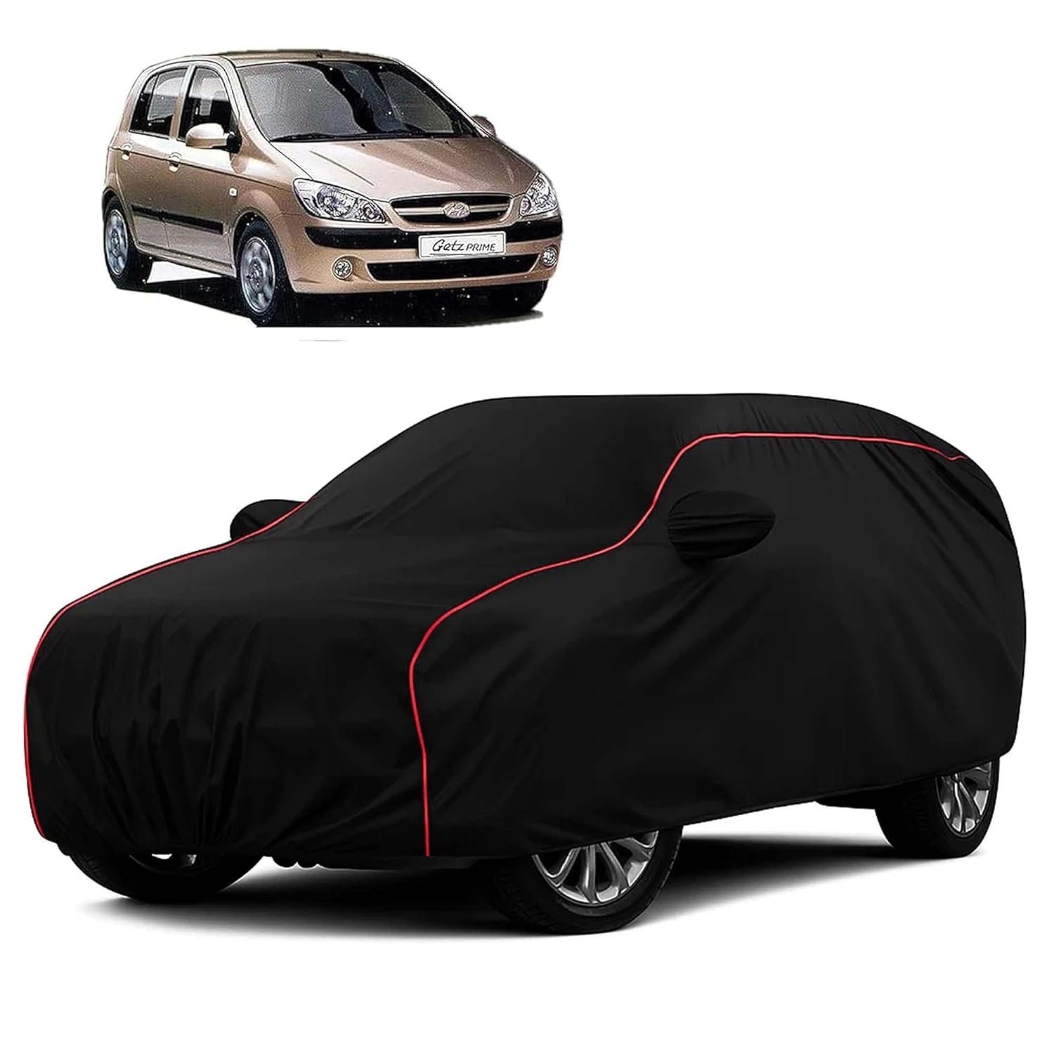 Sulfar 100% Water Resistant Car Body Cover Compatible with Mirror for Hyundai Getz (Triple Stitched, Full Bottom Elastic, Black with Red Piping)