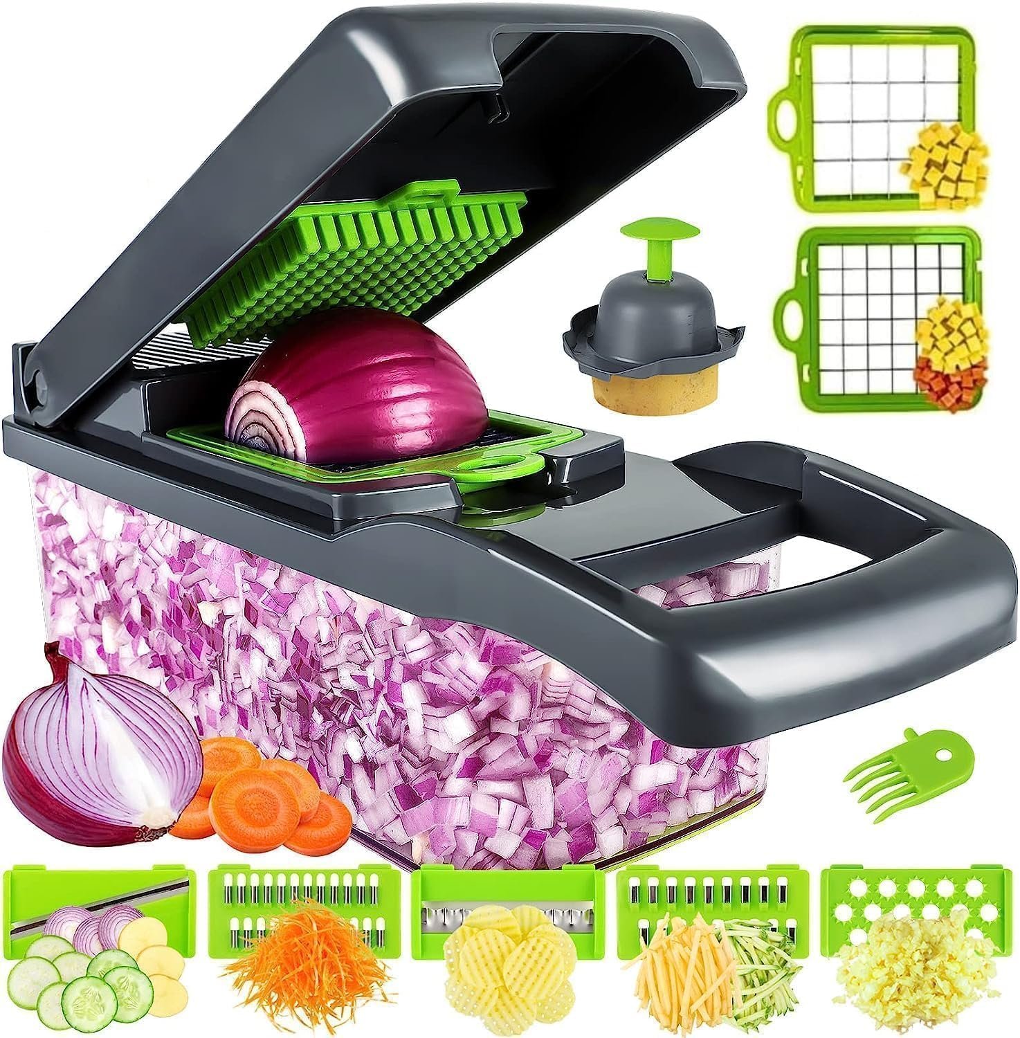 Manual Vegetable Cutter 14-in-1 Food Chopper with 8 Blades Onion Chopper with Storage Box Multipurpose Slicer Dicer for Fruits
