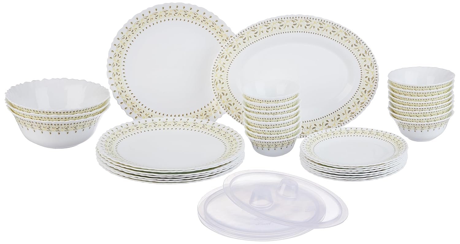 Larah by Borosil Ora Gold Fluted Series Opalware Dinner Set | 36 Pieces for Family of 8 | Microwave & Dishwasher Safe | Bone-Ash Free | Crockery Set for Dining & Gifting | Plates & Bowls |