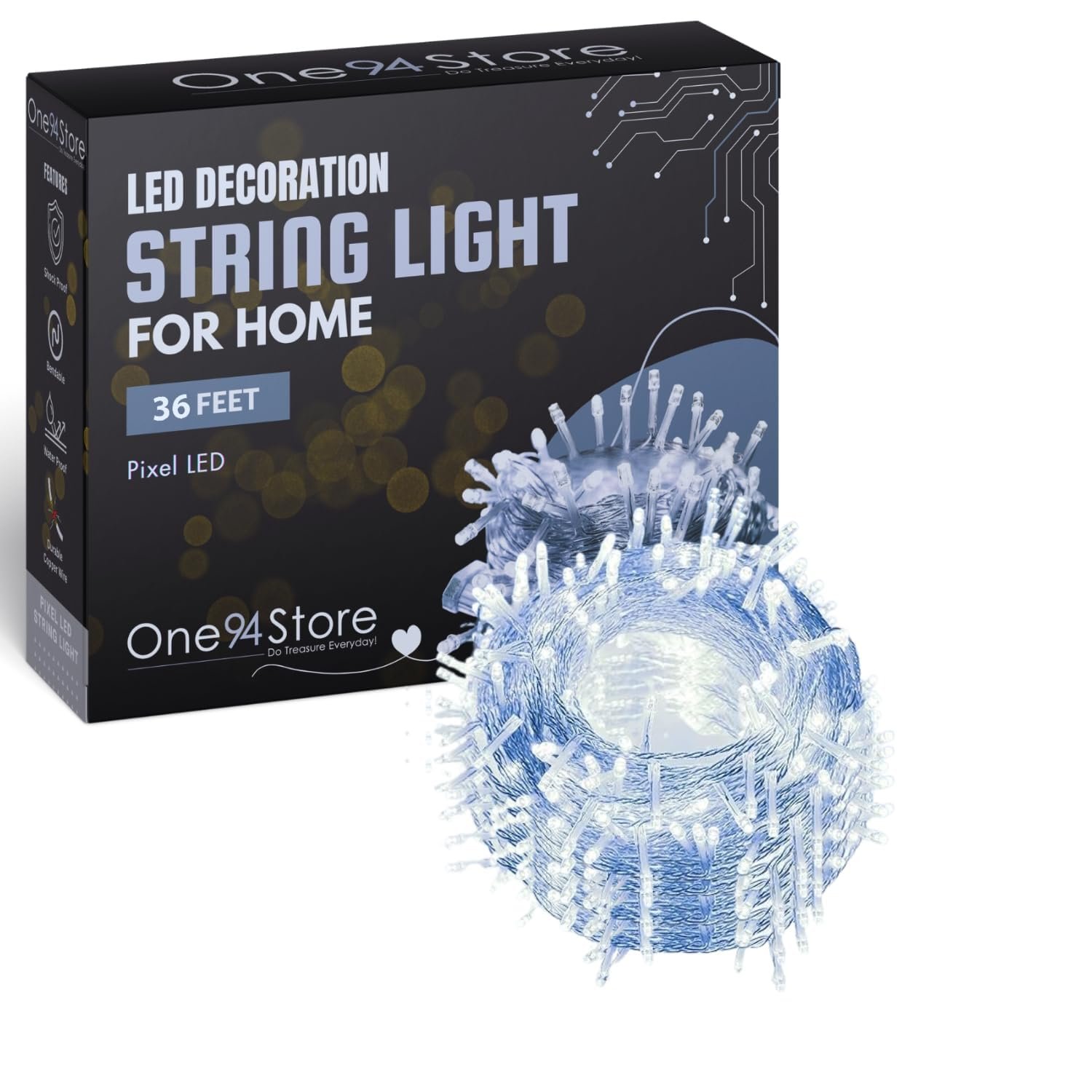 One94Store LED Pixel Series String Light Pack of 1 – 36 Feet Copper Wire Light with 360° Bright LED Bulbs, Flexible Decorative String Light for Home, Diwali & Christmas Decoration (White)