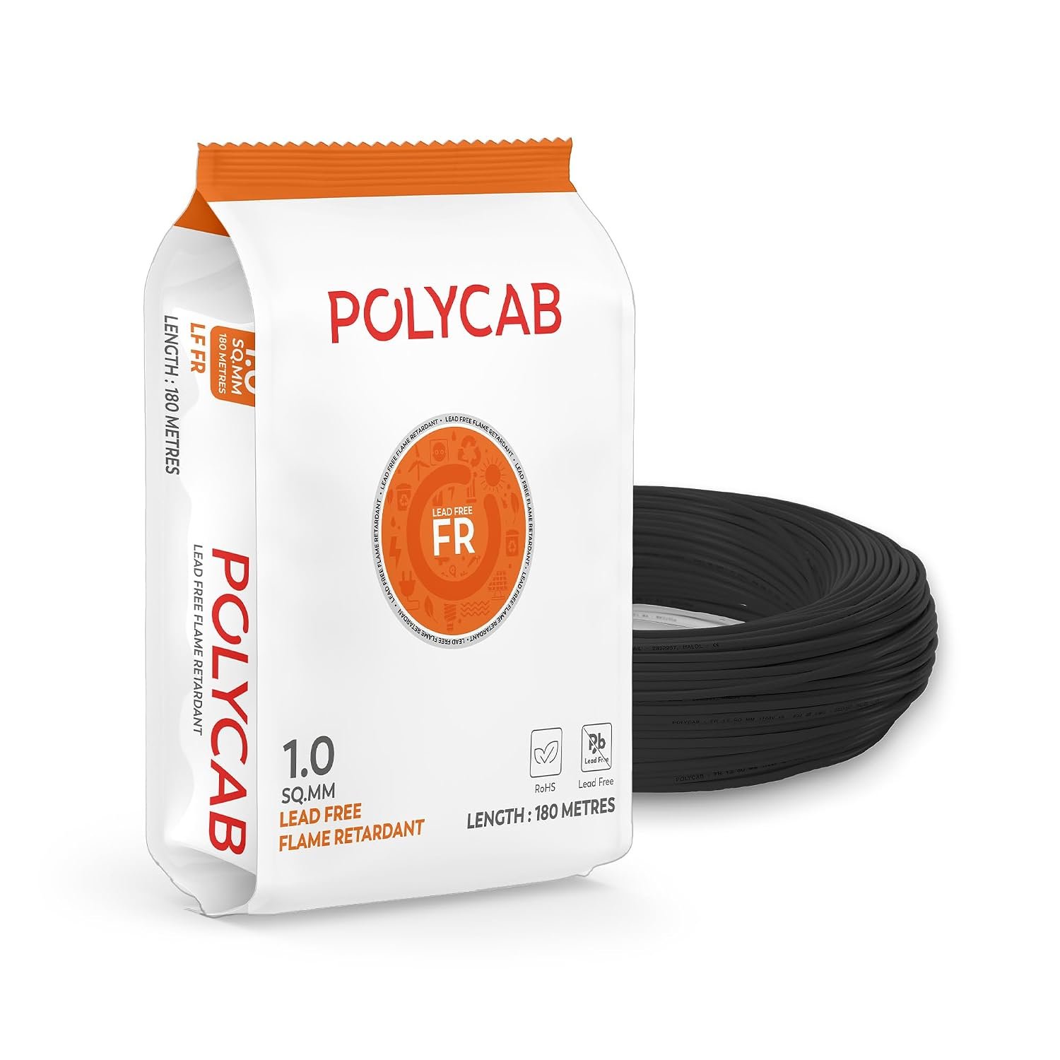 Polycab LF FR 180M coil | 1 SQ MM | Flame Retardant technology | Lead free insulation | 99.97% high purity copper | Rodent protection | RoHS & REACH complaint (Black)