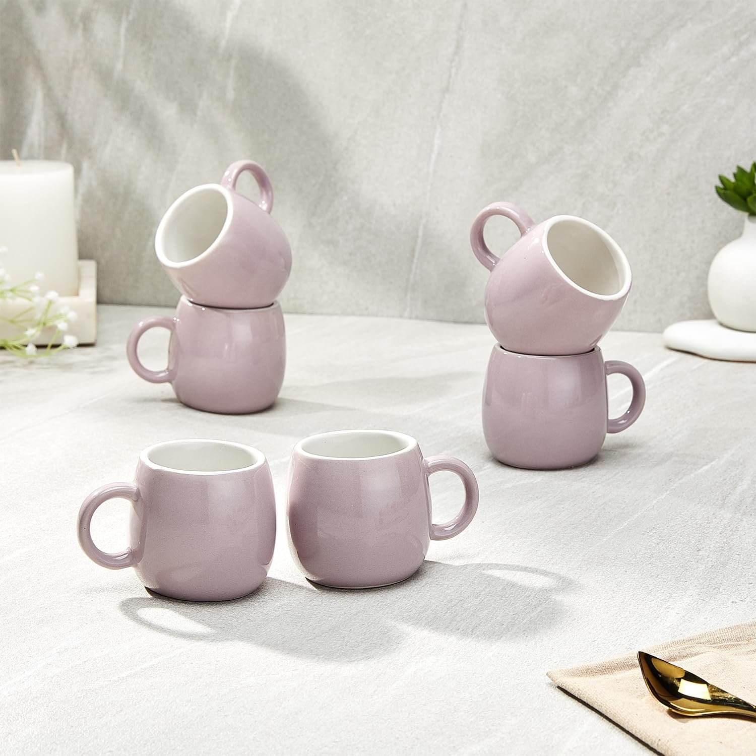 Amazon Brand - Solimo Solid Ovule Lavender Ceramic Tea Cups | Set of 6 | 190ML | Microwave & Dishwasher Safe Coffee Cup | Perfect for Daily Use, Office Parties, and Special Occasions