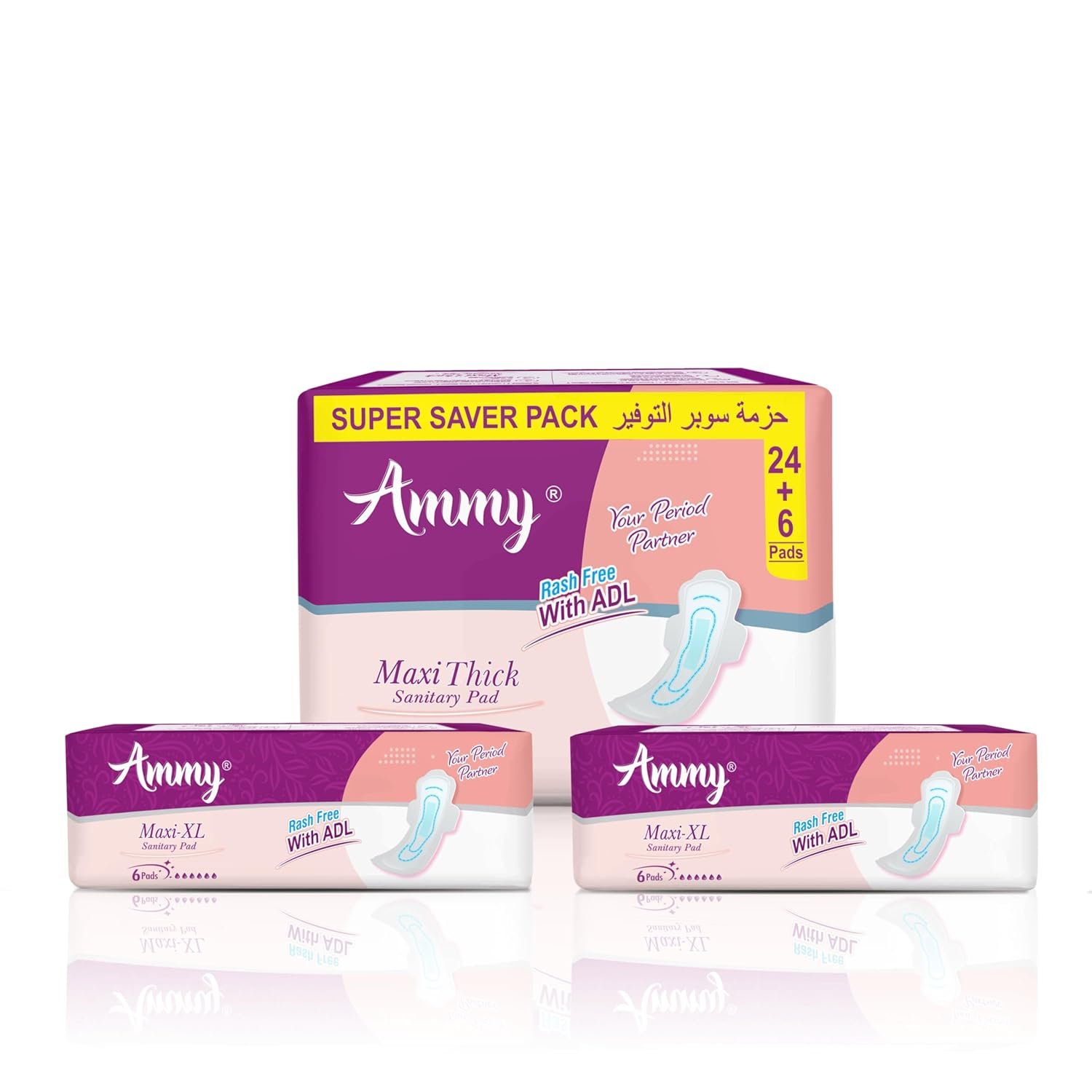 Ammy Super Absorbent Maxi Thick Sanitary Pads - 30 Pcs XXL Size for Heavy Flow & 12 Pcs XL for Medium Flow | Cottony Soft, Rash-Free, Leak-Lock with 6-Layer Shield & Active Flow Layer | Pack o