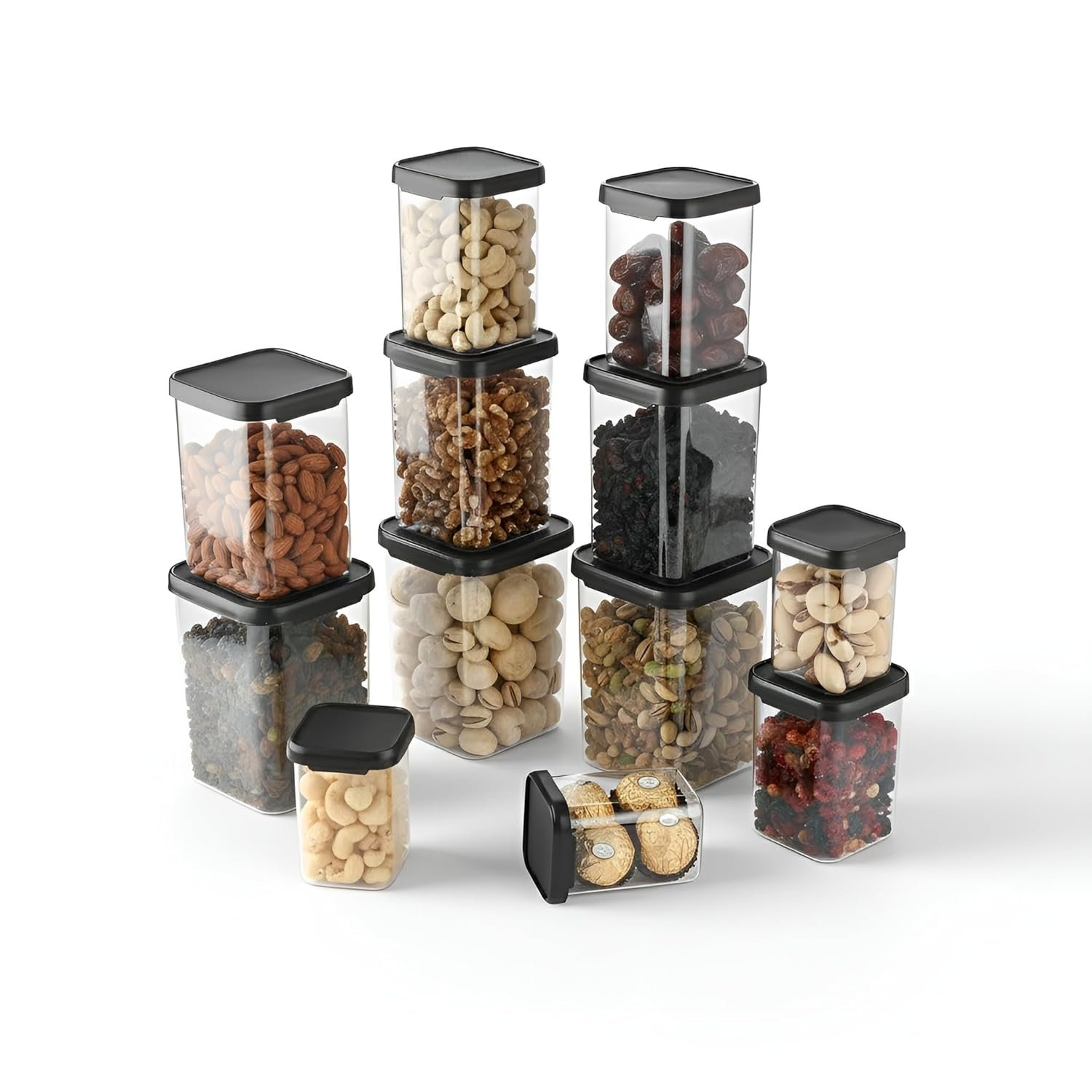Plastic Airtight Containers Set For Kitchen Storage And Containers Box For Pantry Organization And Container (4X350ml+4X650ml+4X950ml, Black And Transparent) Set of 12