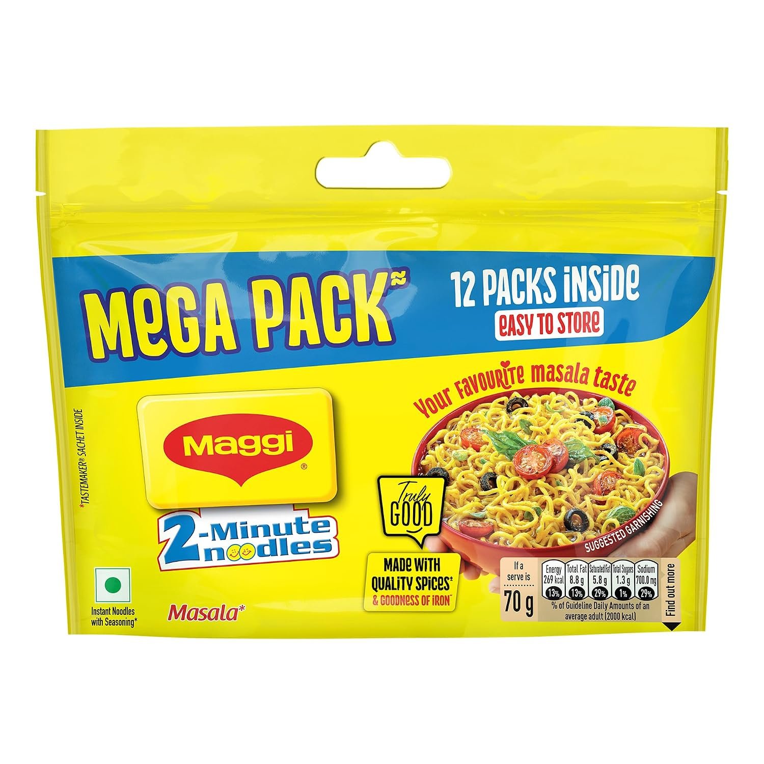 MAGGI 2-Minute Instant Noodles, Favourite Masala Taste, Masala Noodles With Goodness Of Iron, Made With Choicest Quality Spices, 840/900g Pouch (Pack of 12, 70/75g each) (weight may vary)