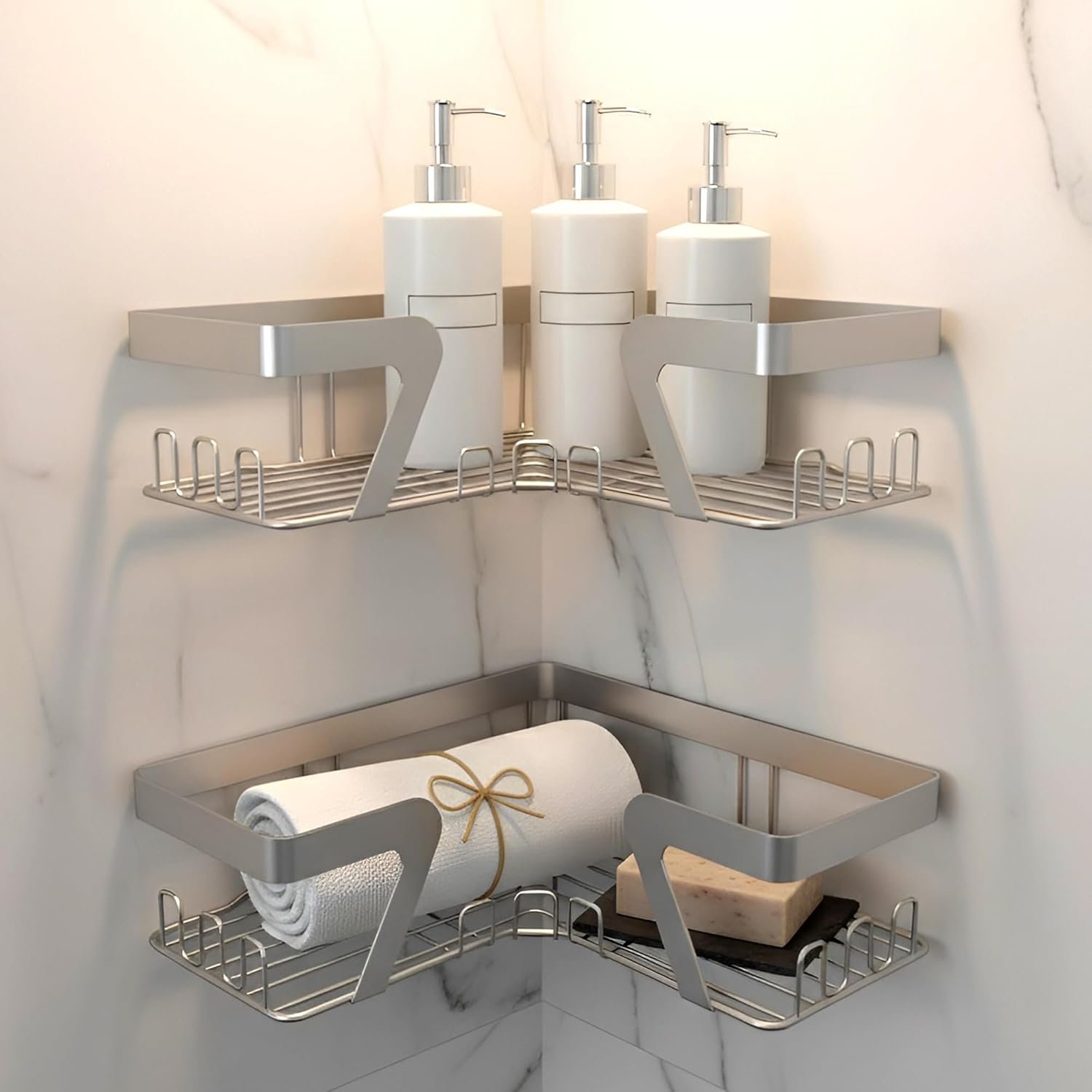 IBELL Stainless Steel Corner Stand for kitchen, Living room and Kitchen | Corner Rack for Bathroom | Shampoo Holder Multipurpose Bathroom Shelf with Adhesive (Pack of 2)- Silver