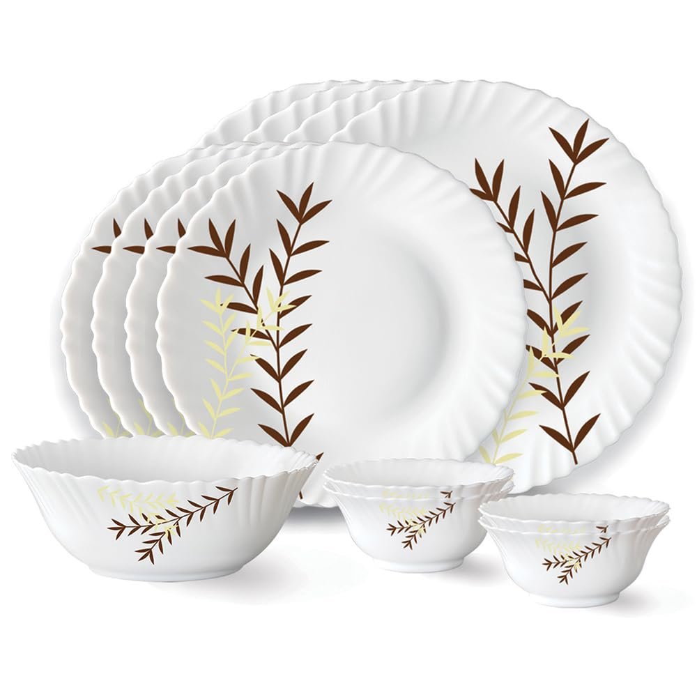 Larah by Borosil Oak Fluted Series Opalware Dinner Set | 13 Pieces for Family of 4 | Microwave & Dishwasher Safe | Bone-Ash Free | Crockery Set for Dining & Gifting | Plates & Bowls | Whit