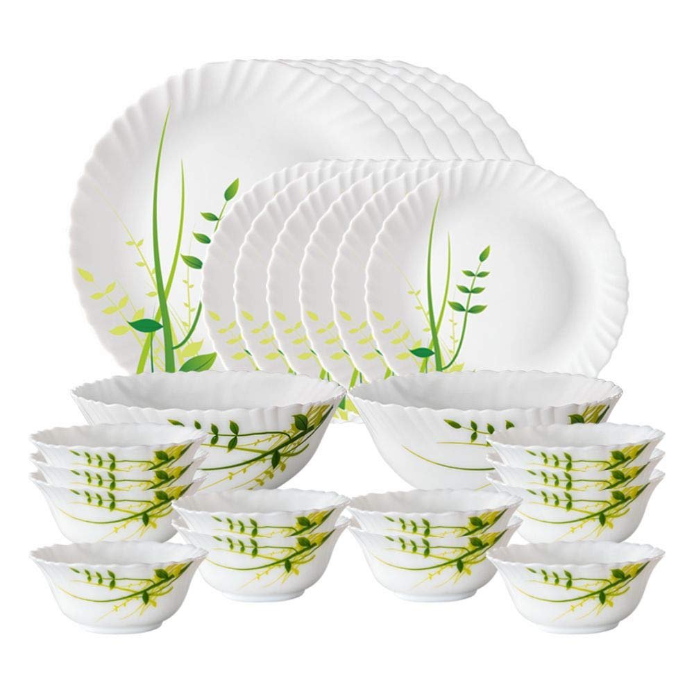 Larah by Borosil Green Herbs Opalware Dinner Set, 28 Pcs, White