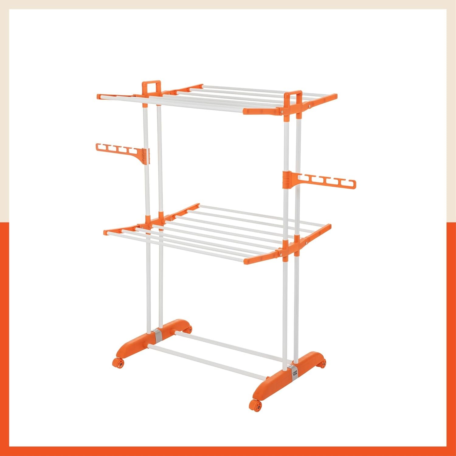 Bathla 2 Level Modular Cloth Drying Stand with Wheels - Rustproof Portable Steel Laundry Rack (Orange - Medium) - Clothes Dryer for Balcony, Indoor & Outdoor Use
