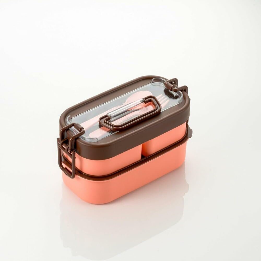 City Style 2-Tier Bento Lunch Box with Cutlery, Pink, Plastic, Divided Compartments, Secure Locking Clips