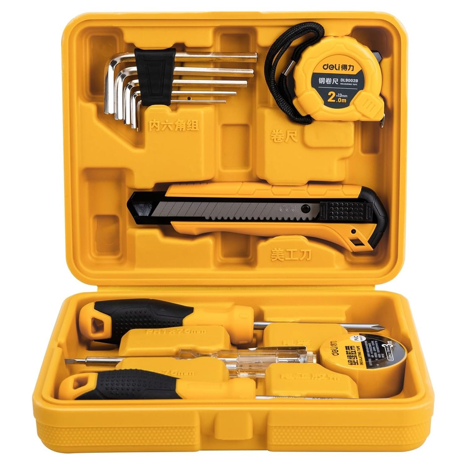 Deli DL1011J 11 Piece Household Tool Kit Portable & Compact with Test Pen Electrical Tape Measure Tape Screwdrivers Utility Knive 5-Hex Keys and Storage Box for DIY Home Repair (Yellow)
