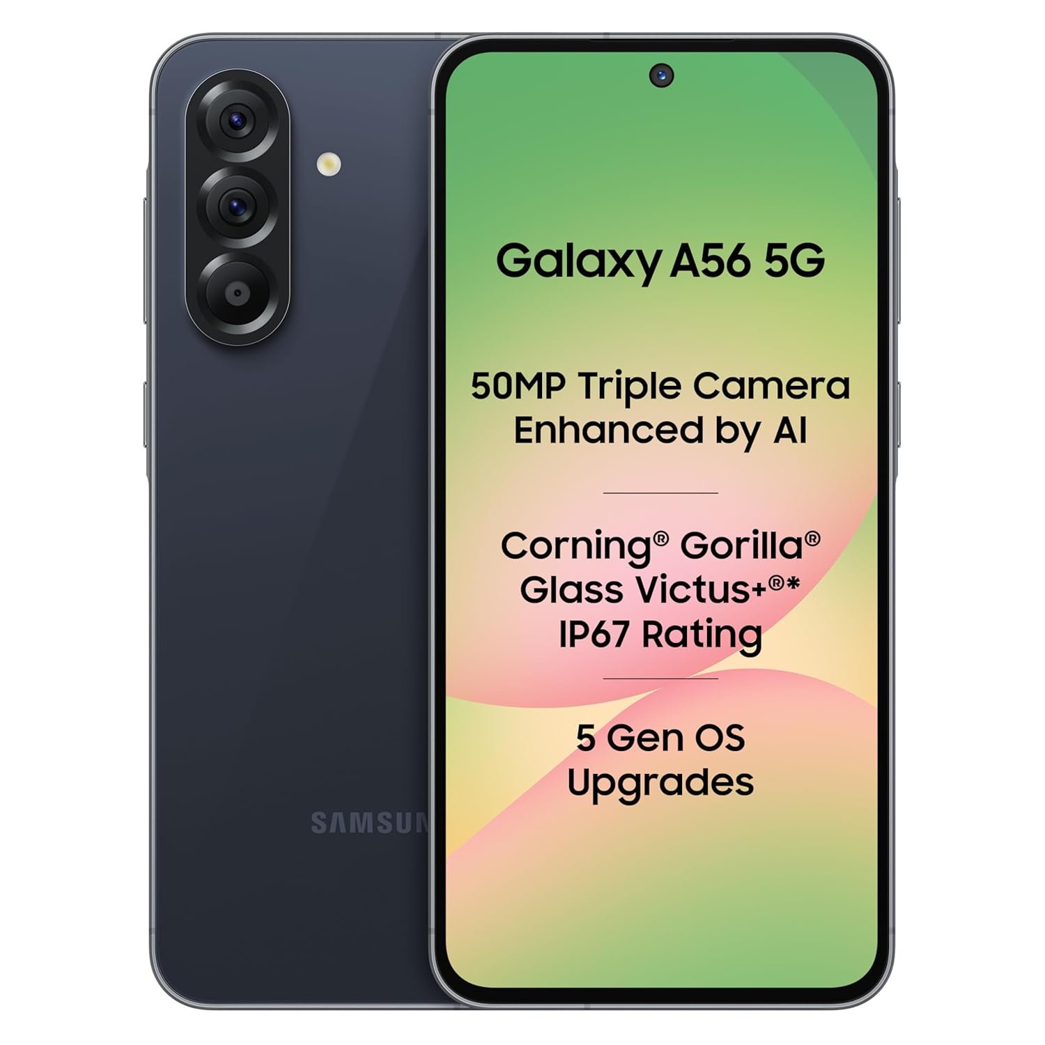 Samsung Galaxy A56 5G (Awesome Midnight Blue, 8GB, 128GB) | Segment Most Complete Triple Camera | AI Editing | 4nm Processor | sAMOLED Display| Gorilla Glass Victus+| 5 Gen OS Upgrades