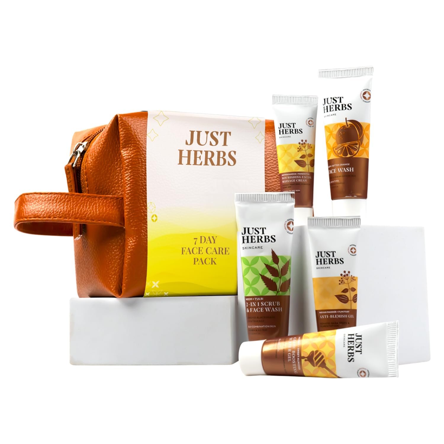 Just Herbs 7 Days Face Care Pack Skincare Essentials Combo with Facewash | Honey Facial Gel | Honey Exfoliating Gel | Herbal Massage Cream and Anti Blemish Gel Perfect for Gifting Travel Kit Set for M