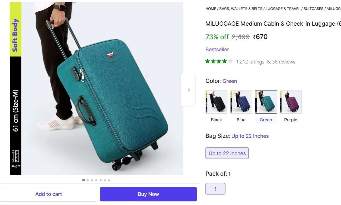 MiLUGGAGE Medium Cabin & Check-in Luggage (61 cm) 3 Wheels - 65 L Trolley Bag/Suitcase Bag Number Lock With 3 Wheels - Green Price in India - Buy MiLUGGAGE Medium Cabin & Check-in Luggage (61 