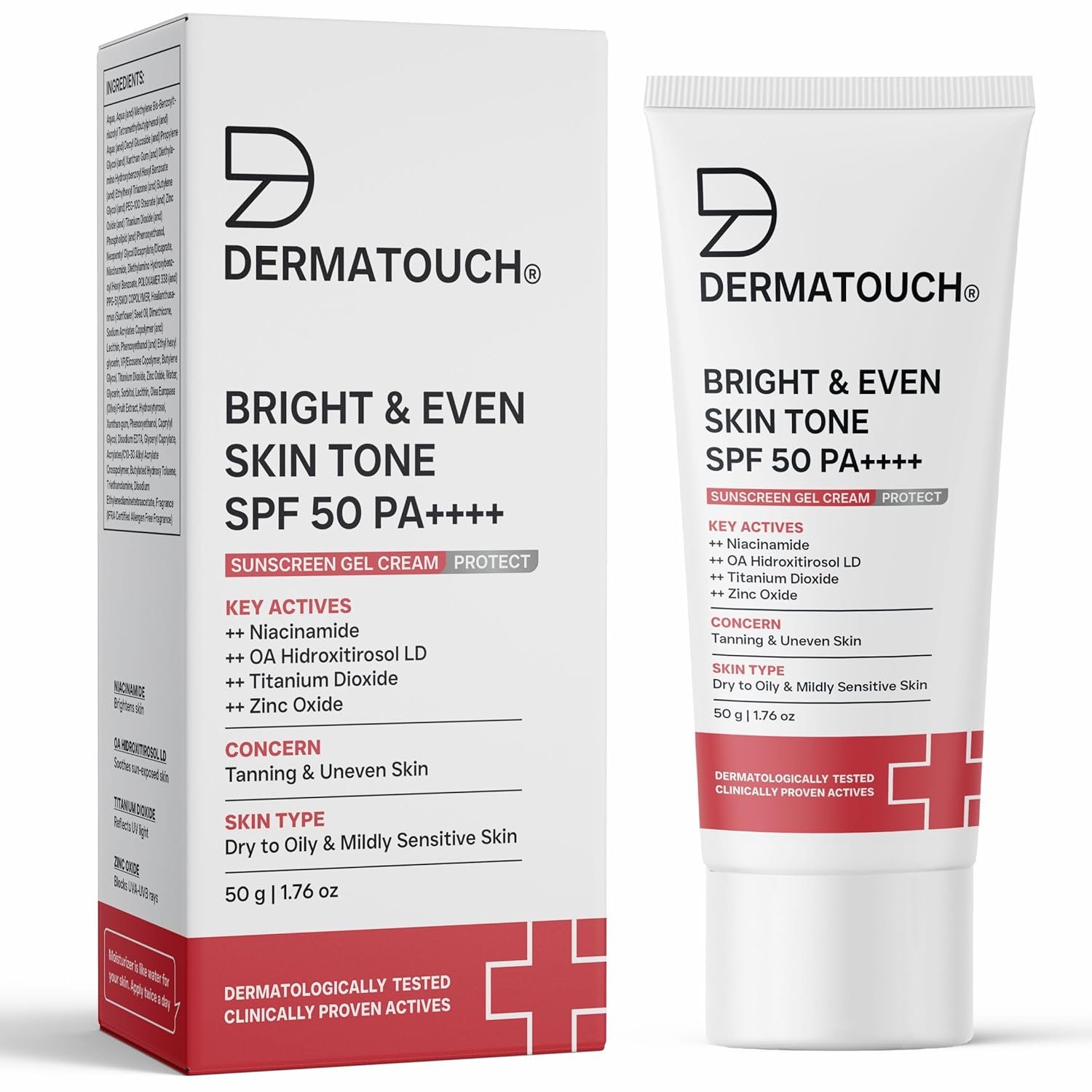 DERMATOUCH Bright & Even Skin Tone SPF 50 PA++++ Sunscreen Gel with Dermawhite™ WF, Niacinamide, Arbutin & Campo Songyi Extract | Broad Spectrum UV Protection | Helps Reduce Tanning & Unev
