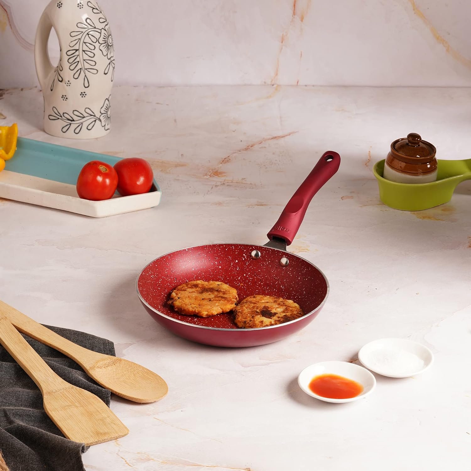 Cello Crown Induction Base Taper Fry Pan 22cm, Maroon (Aluminium)