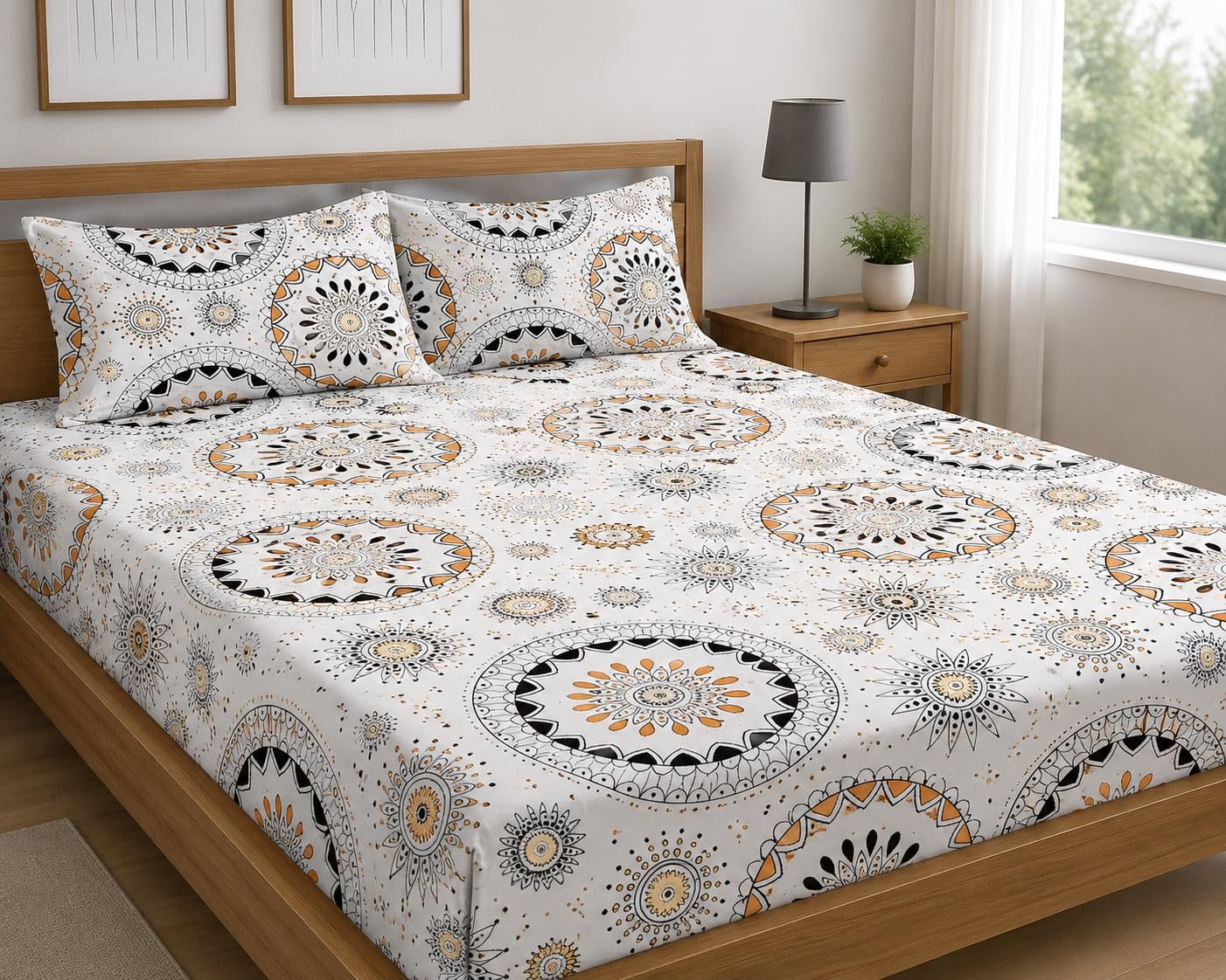 Premium Cotton Fitted Bedsheet King Size 78 x 72 x 8 Inches with 2 Pillow Covers | 220 TC | All-Around Elastic Deep Pocket Bed Cover | Sky Blue White Geometric