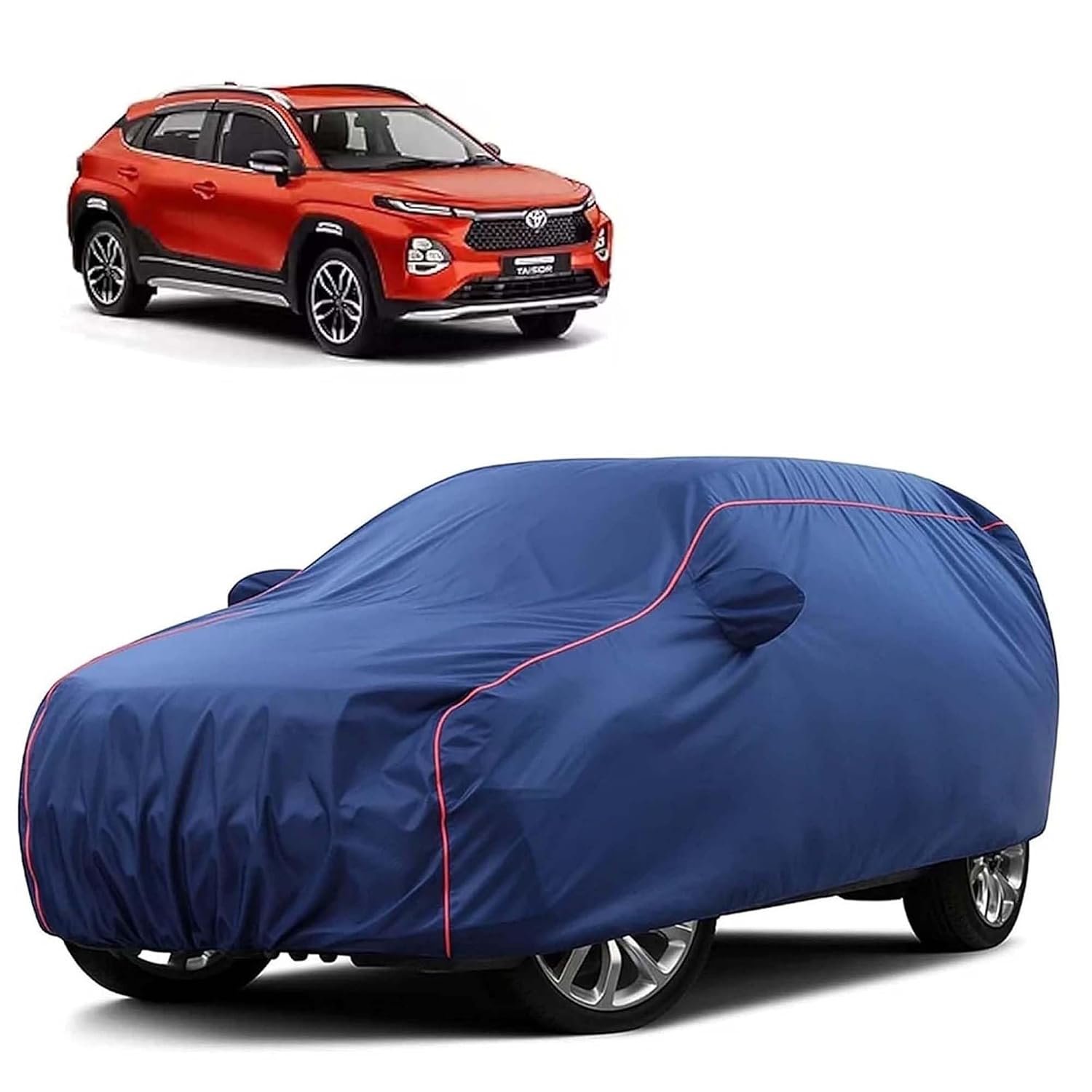 Sulfar 100% Water Resistant Car Body Cover Compatible with Mirror for Toyota Urban Cruiser Tiasor(Breeza) (Triple Stitched, Full Bottom Elastic, Blue Tafetta with Red Piping)