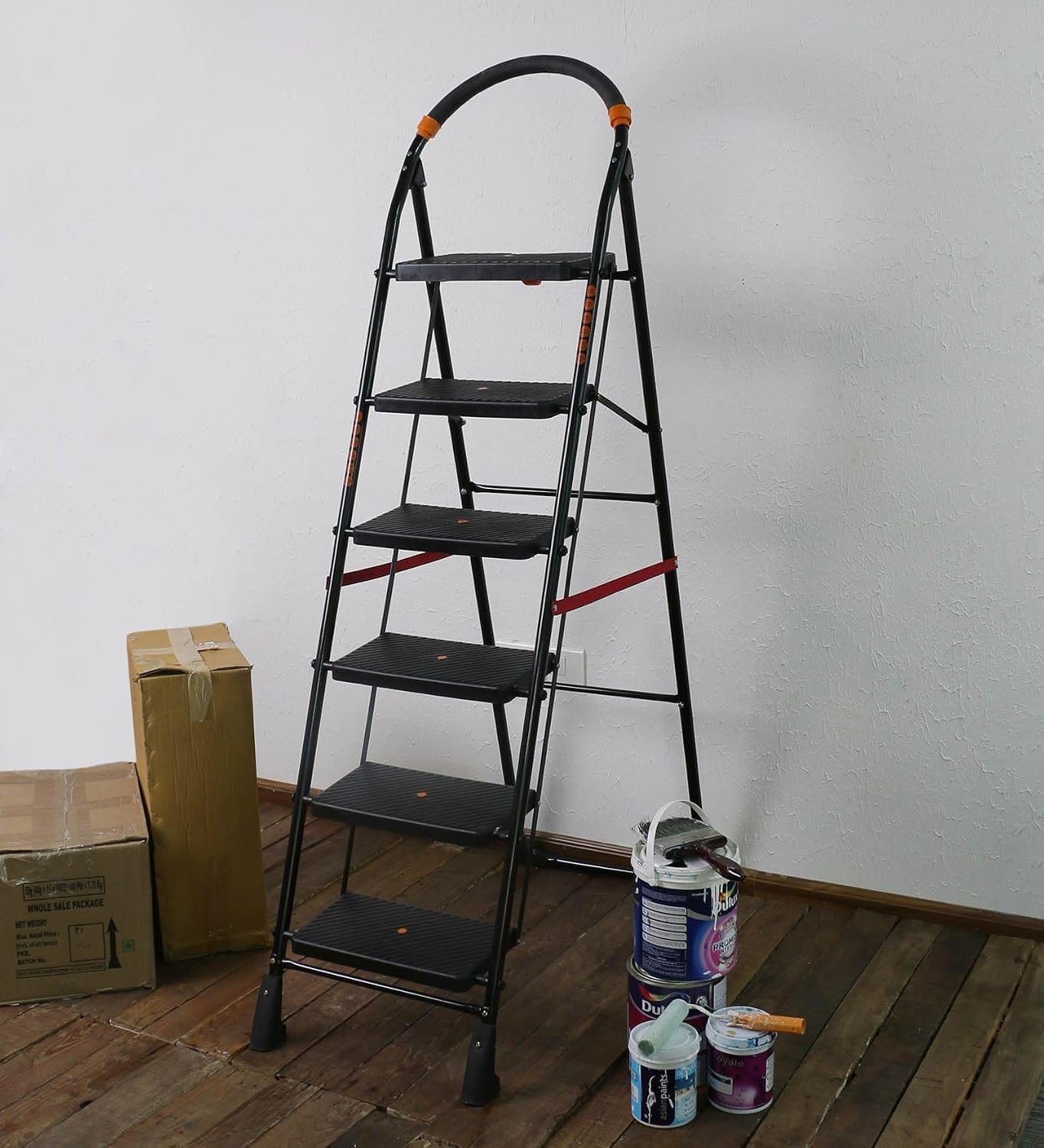 Parasnath 6 Step Black Diamond Steel Ladder - Foldable Step Ladder -Wide Anti Skid Plastic Steps - 6 Year Manufacturer Warranty - Made in India