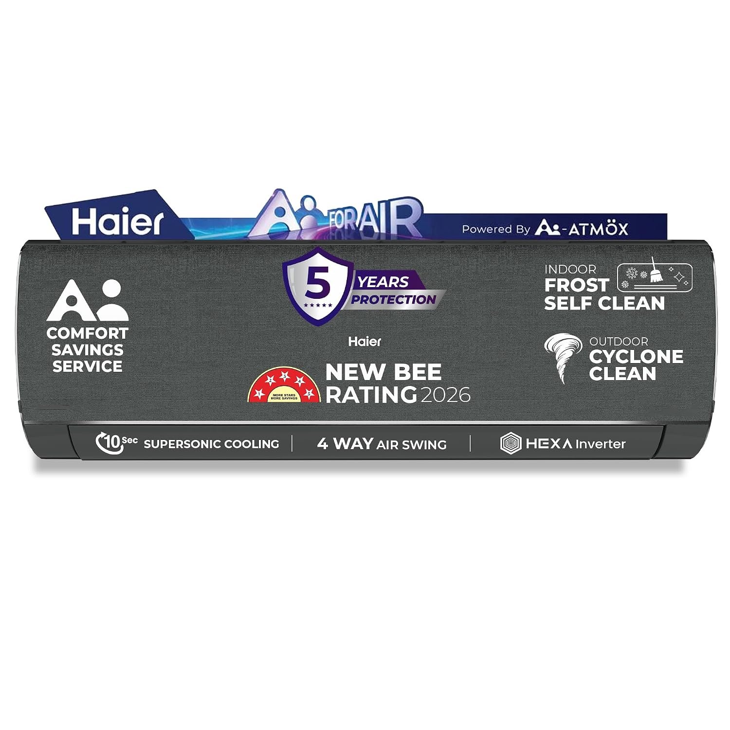 Haier Gravity AI 1.5 Ton 5 Star,New star rated, Wi-Fi HEXA Inverter Split AC (AI Cooling, Energy Saving & Self-Clean,7in1 Convertible, Copper, 4-way, Cools in 10 Sec at 60°C, D.Grey)-HSA19GHD-DAI5