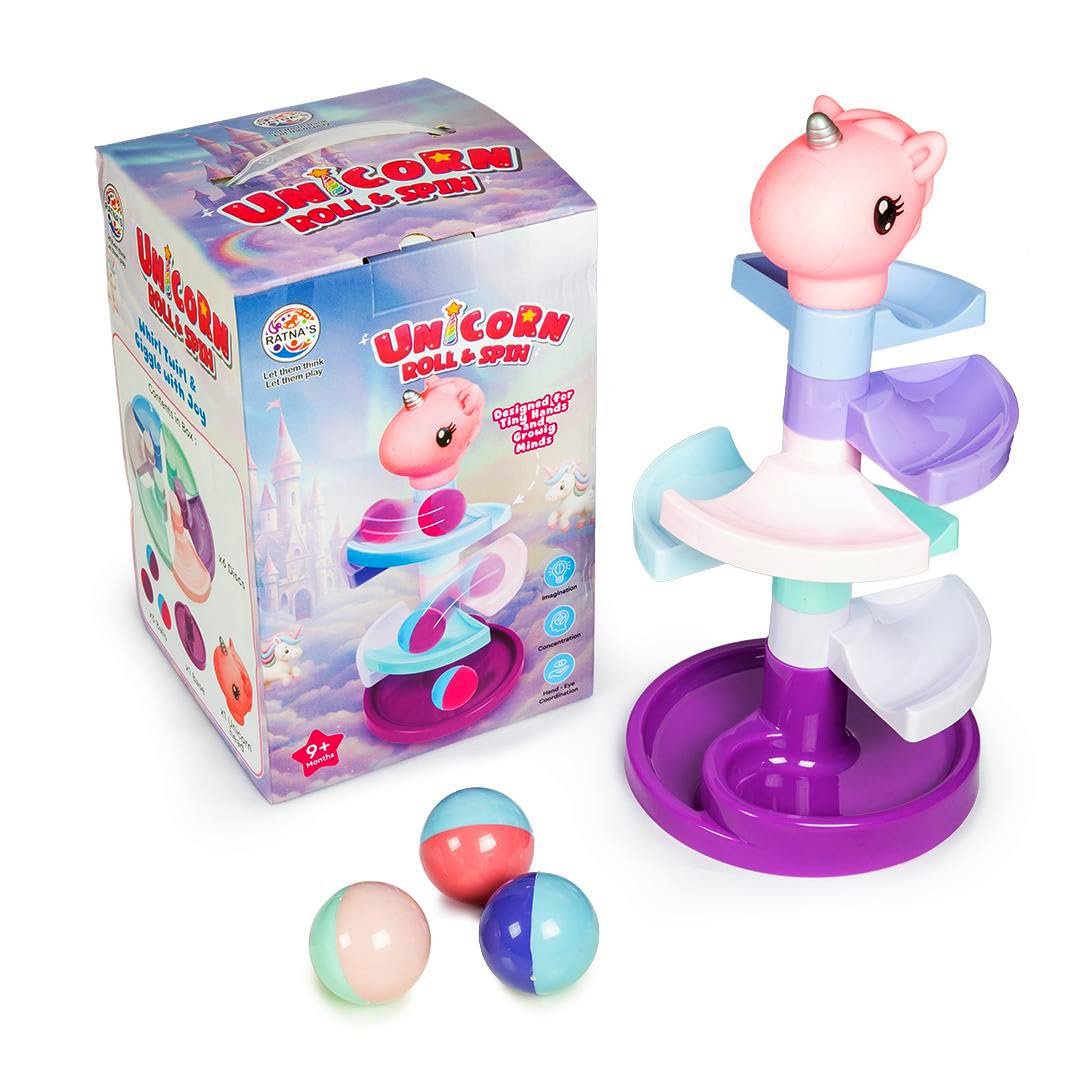 Ratna's Unicorn Roll & Spin Toy with Squeezy Head, Spiral Ball Track Stacking Tower, 3 Colorful Rolling Balls, 35 cm Height, Educational Toys for 6+ Month Old Baby