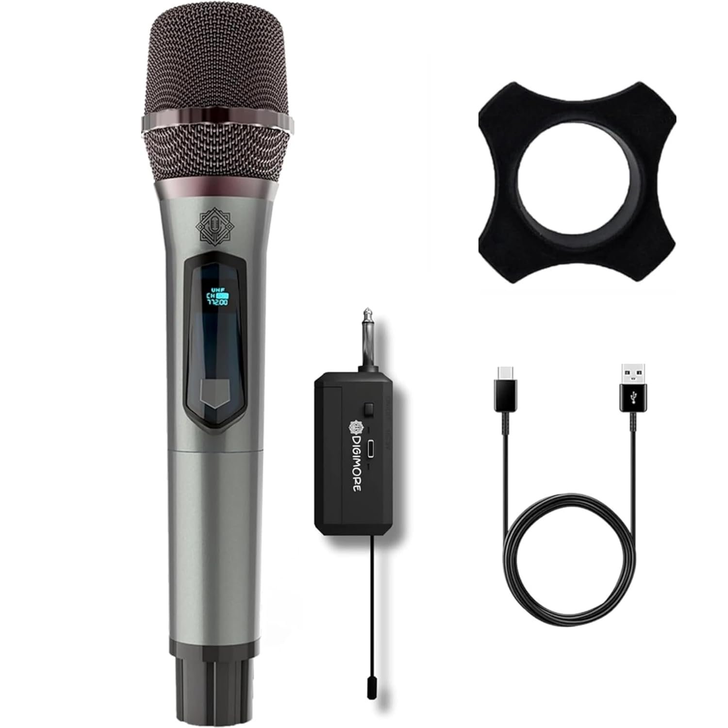 DIGIMORE UHF Wireless Microphone | Noise-Reduction Coil | 200ft Long Range | Cardioid Pattern | 10Hrs Battery | Type-C Port | Ideal for House Parties, Live Events, Singing, Classroom, Church