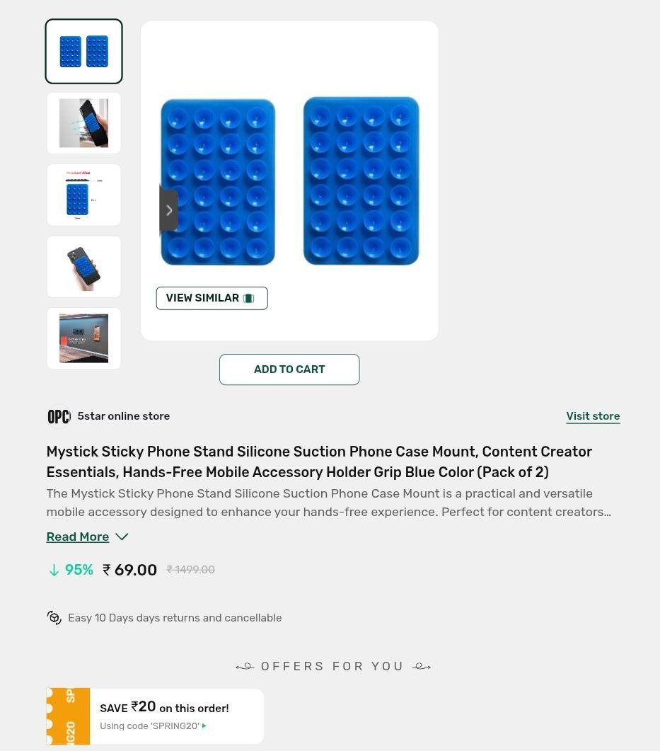 Mystick Sticky Phone Stand Silicone Suction Phone Case Mount, Content Creator Essentials, Hands-Free Mobile Accessory Holder Grip Blue Color (Pack of 2)